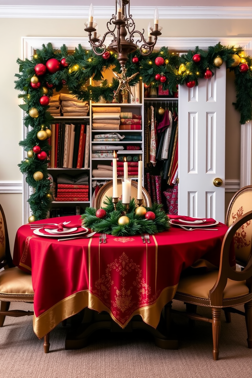 A beautifully set dining table adorned with seasonal tablecloths in rich hues of red and gold. The table features elegant dinnerware and a centerpiece of festive greenery and candles. A cozy closet transformed for Christmas with garlands and twinkling lights. Colorful ornaments and wrapping paper are neatly organized, creating a cheerful holiday atmosphere.