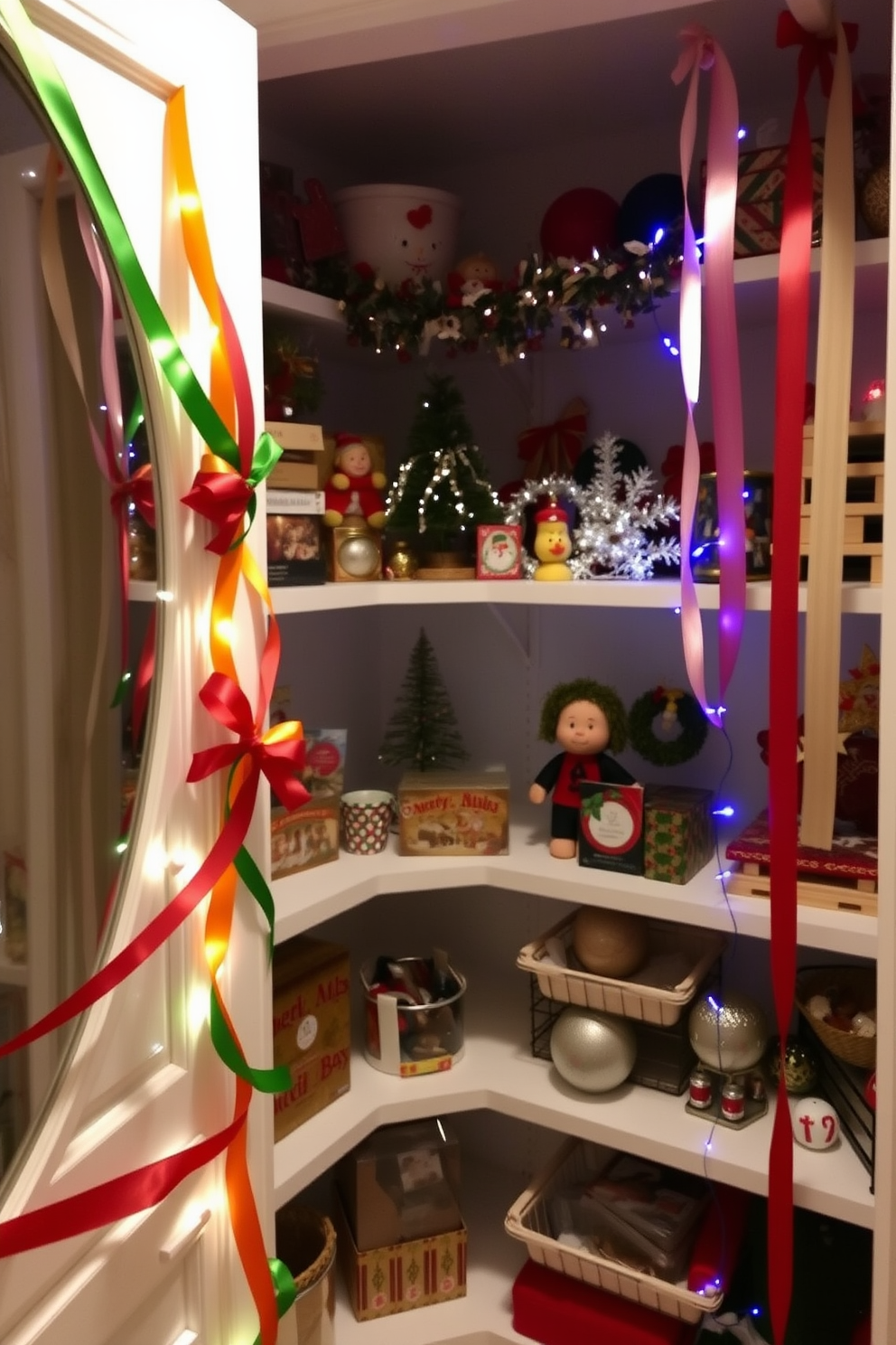 A festive closet adorned with colorful ribbons wrapping around the shelves creates a joyful holiday atmosphere. The shelves are filled with neatly organized decorations, twinkling lights, and seasonal ornaments, enhancing the cheerful vibe of Christmas.