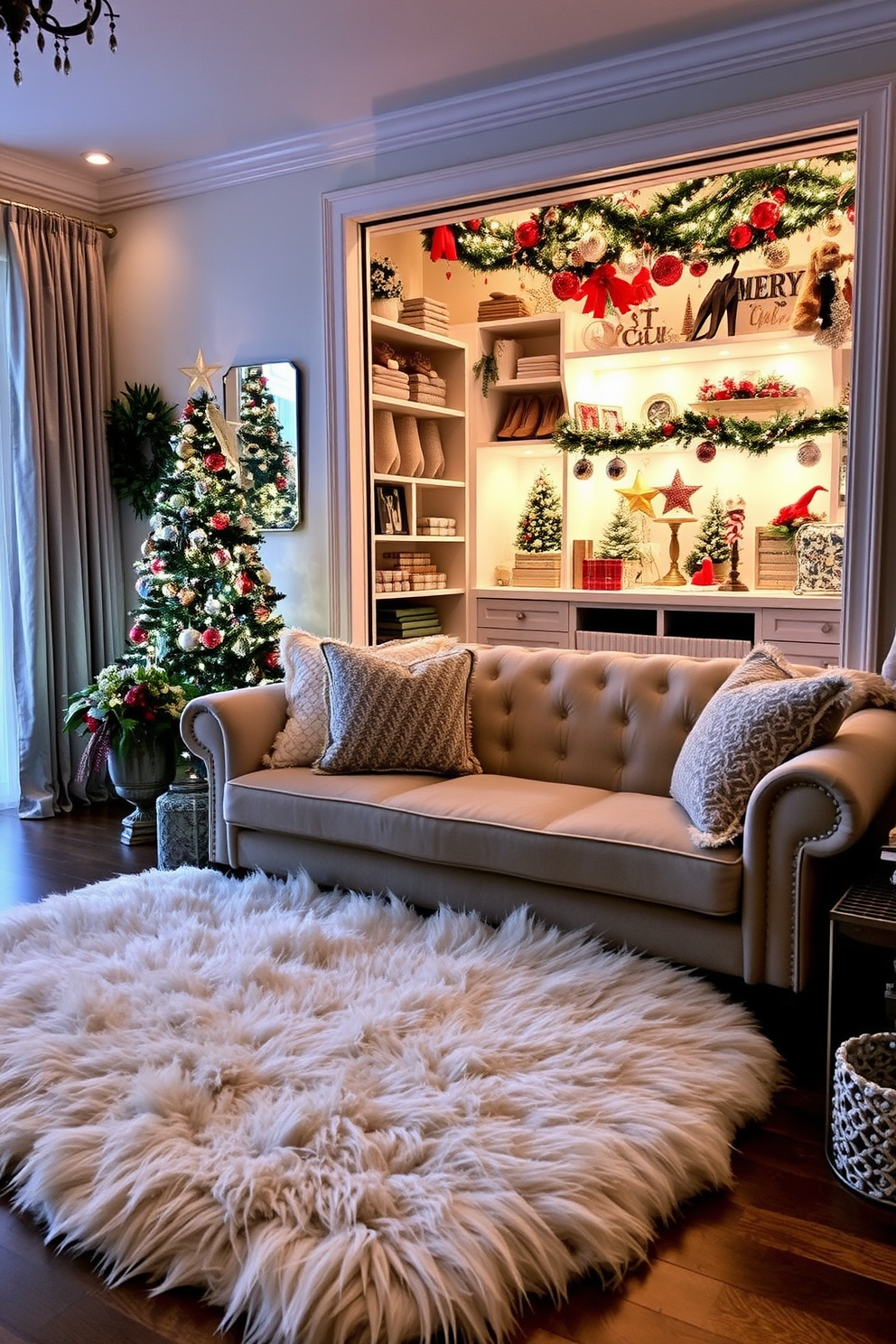 A cozy living room adorned with a luxurious faux fur rug that adds warmth and texture to the space. The rug is placed in front of a plush sofa, creating an inviting area for relaxation and gatherings. A beautifully decorated closet transformed for the holiday season with festive ornaments and twinkling lights. The shelves are filled with seasonal decor, showcasing a mix of elegant and playful Christmas decorations.