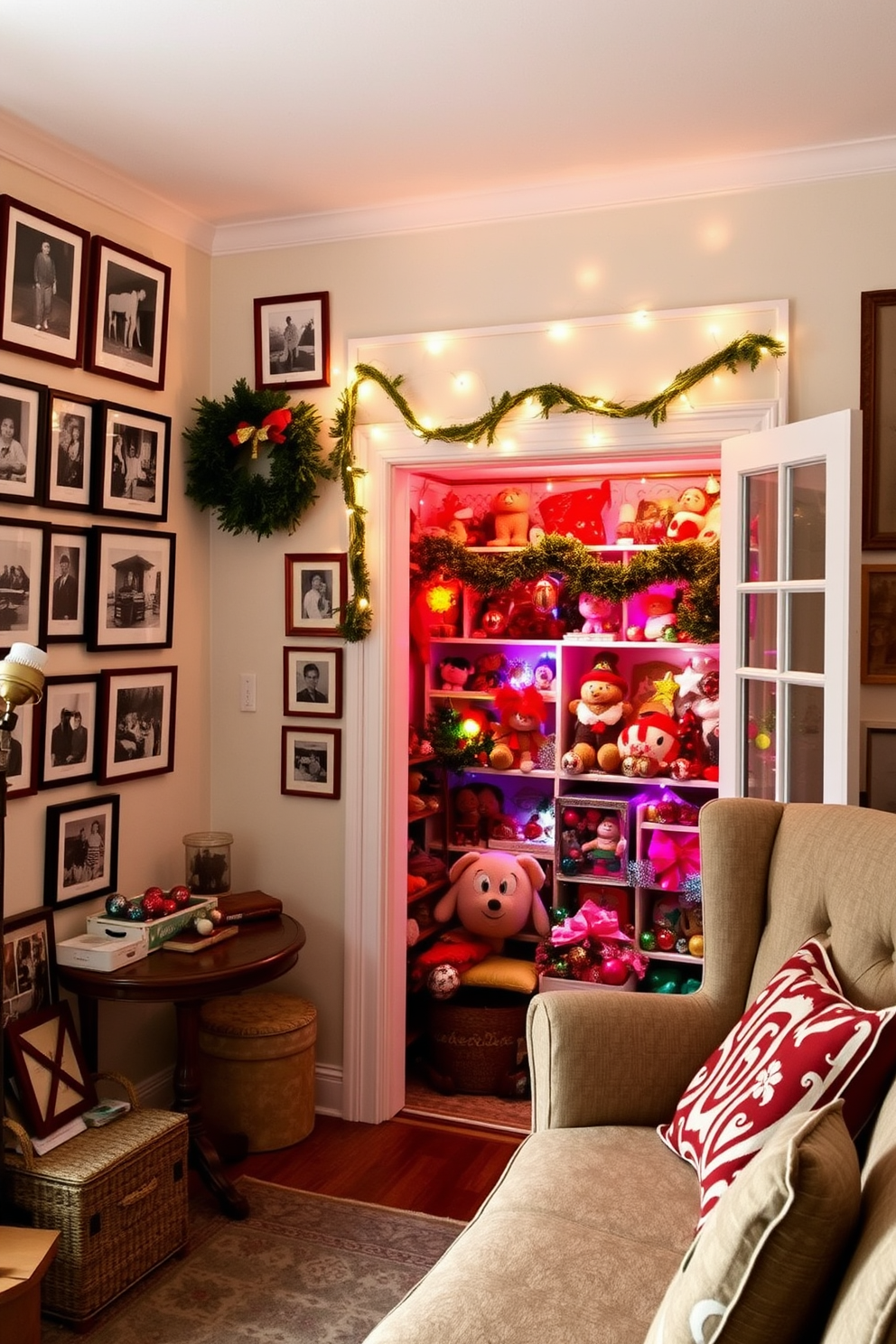 A cozy living room adorned with vintage decorations that evoke a sense of nostalgia. The walls are lined with framed black and white photographs, and a retro-style armchair sits next to a wooden side table. Colorful Christmas decorations fill the closet, showcasing an array of ornaments and garlands. Twinkling fairy lights are draped over the shelves, creating a warm and festive atmosphere.