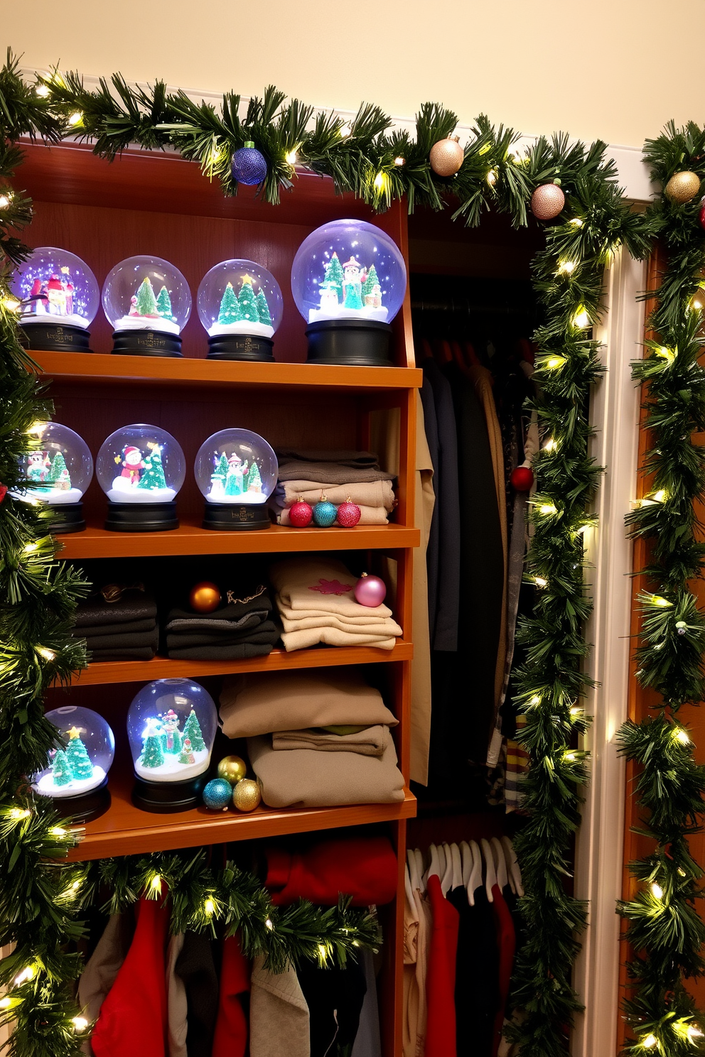 A whimsical display featuring a collection of snow globes arranged on a wooden shelf. Each globe showcases a different festive scene, with twinkling lights surrounding them to enhance the magical atmosphere. A cozy closet transformed for Christmas with garlands of greenery draped along the shelves. Colorful ornaments and small decorations are artfully placed among clothing, creating a festive surprise within the space.