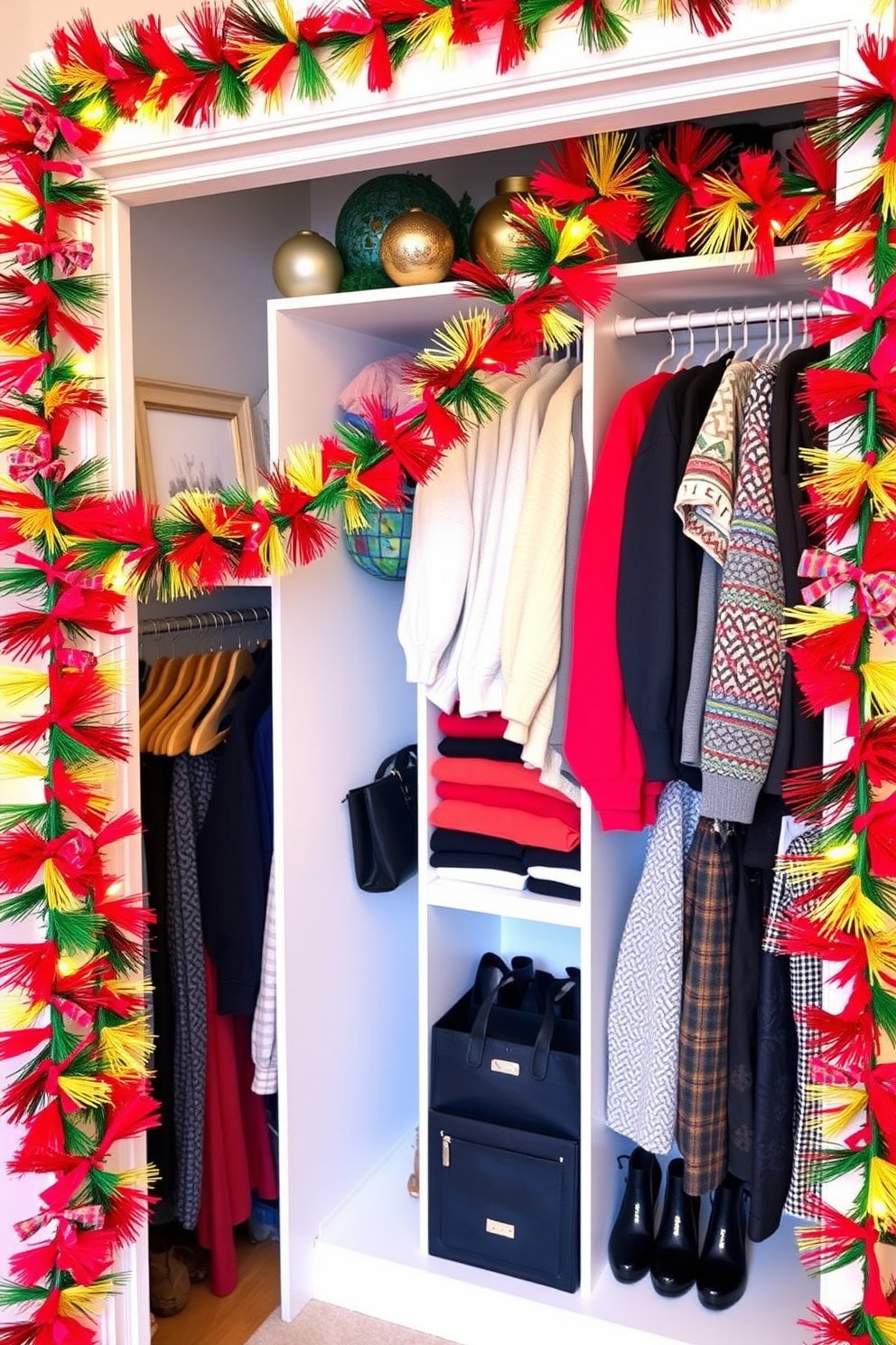 Create a festive closet space adorned with colorful garlands that add a cheerful touch. The garlands are draped along the shelves and around the closet door, creating a vibrant atmosphere for the holiday season. Include decorative ornaments and twinkling lights interspersed among the garlands to enhance the festive feel. The closet features neatly organized clothes and accessories, showcasing a blend of practicality and holiday spirit.