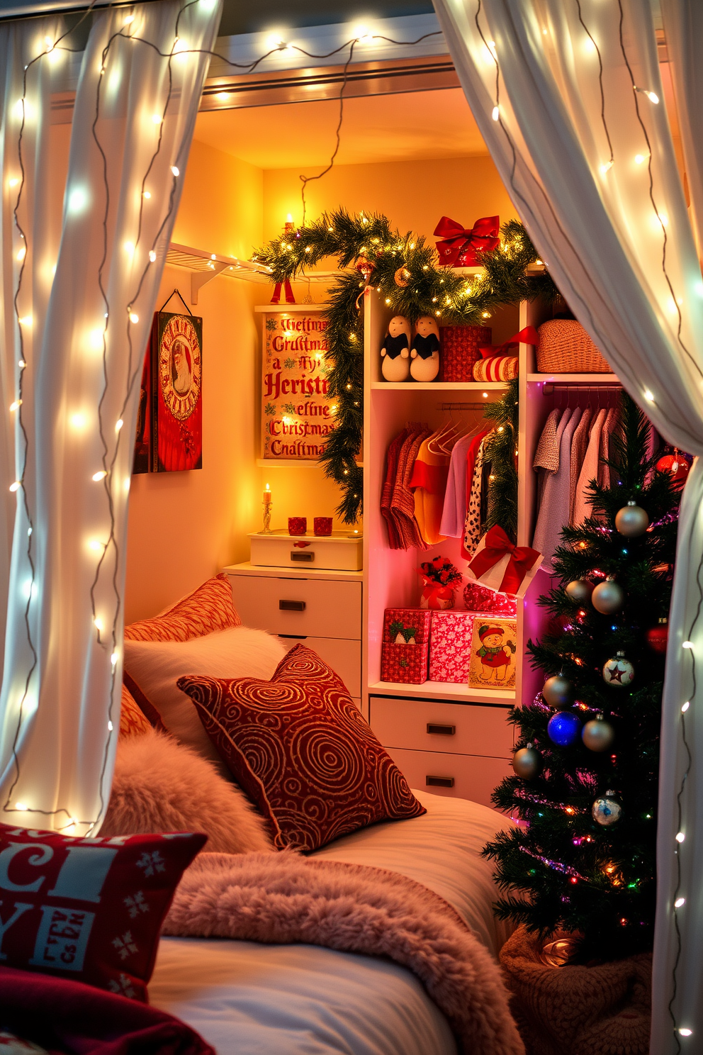 A cozy bedroom adorned with twinkling fairy lights creating a magical ambiance. The soft glow of the lights casts a warm atmosphere, complementing the plush bedding and decorative pillows. A beautifully decorated closet filled with festive Christmas decorations. Colorful ornaments and garlands hang from the shelves, while a small Christmas tree sits in the corner, adding a cheerful touch.