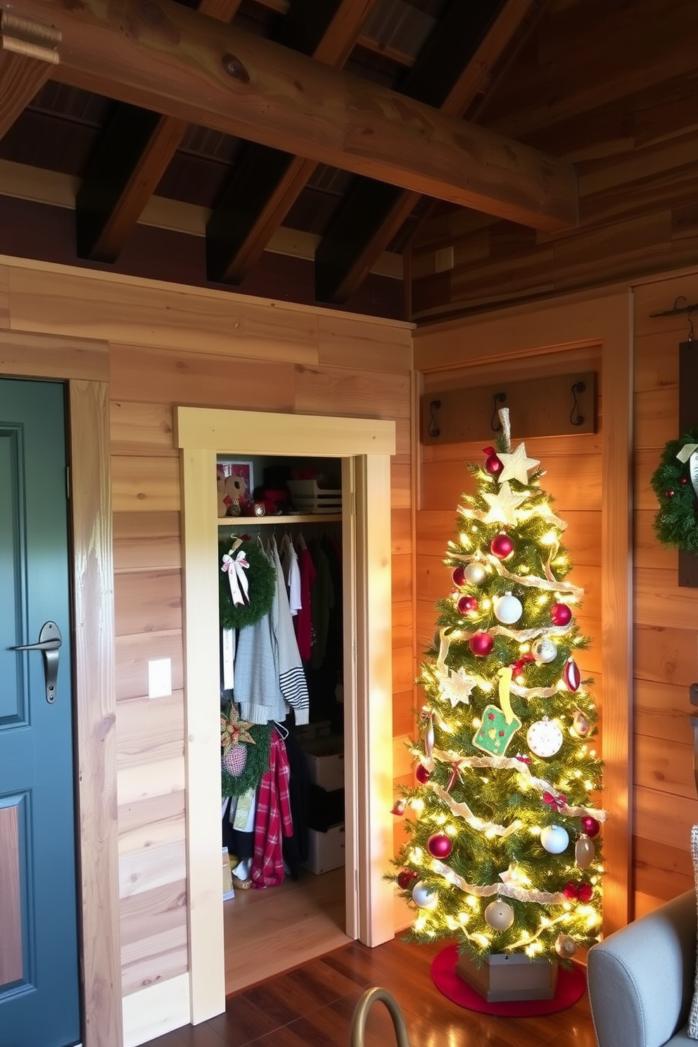 A cozy cabin interior featuring rustic wooden accents throughout the space. The walls are adorned with reclaimed wood paneling and the ceiling showcases exposed wooden beams. In the corner, a beautifully decorated Christmas tree stands tall, surrounded by twinkling lights and handmade ornaments. The closet is filled with festive decorations, including wreaths and garlands, adding a cheerful touch to the cabin ambiance.