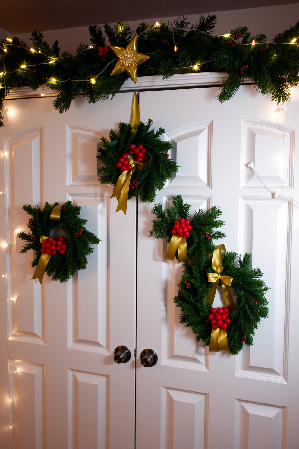 Seasonal wreaths adorn the closet doors, adding a festive touch to the space. Each wreath is crafted from evergreen branches, accented with red berries and gold ribbons to enhance the holiday spirit. The closet doors are painted in a soft white, creating a bright backdrop for the vibrant wreaths. Twinkling fairy lights are draped around the closet, illuminating the decorations and creating a warm, inviting atmosphere.