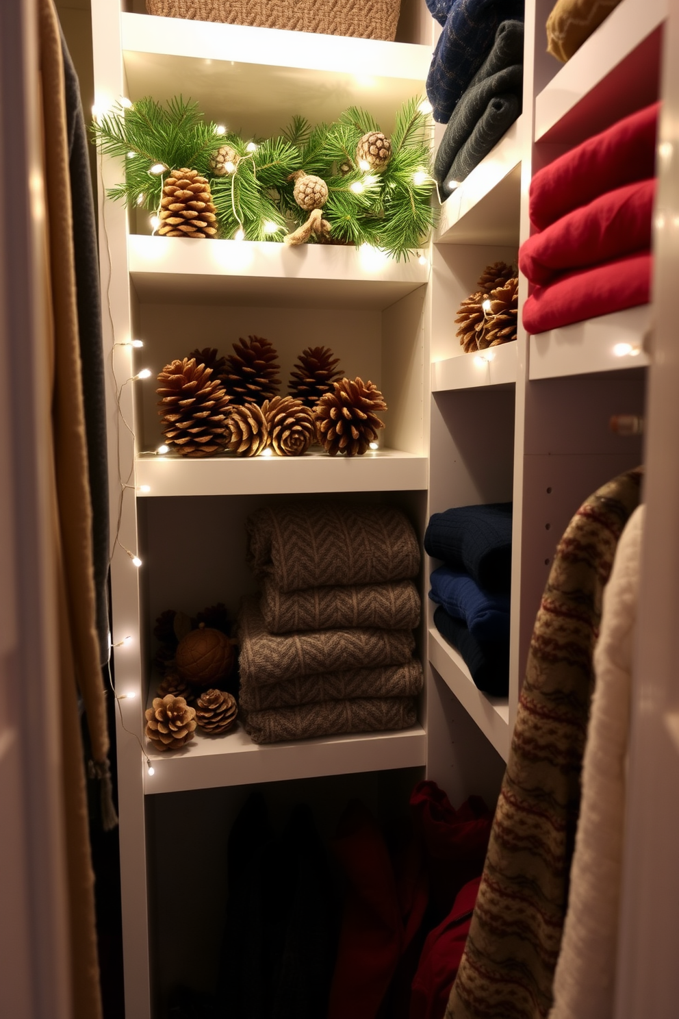 Create a cozy closet space decorated for Christmas. Adorn the shelves with fragrant pinecones and twinkling fairy lights to enhance the natural scent and festive atmosphere.