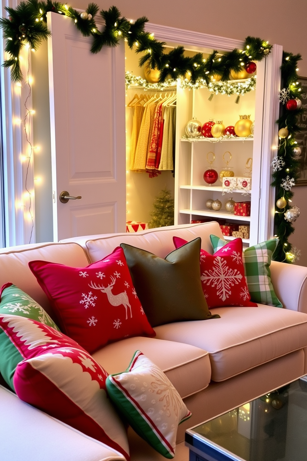 Festive throw pillows in vibrant red and green hues are arranged on a plush cream sofa, adding a cheerful touch to the living room. The pillows feature various holiday-themed patterns, including snowflakes and reindeer, creating a cozy and inviting atmosphere. A beautifully decorated closet showcases a winter wonderland theme, with twinkling fairy lights strung along the shelves. Ornaments in gold and silver hues are artfully displayed, while garlands of pine and holly add a touch of festive greenery.