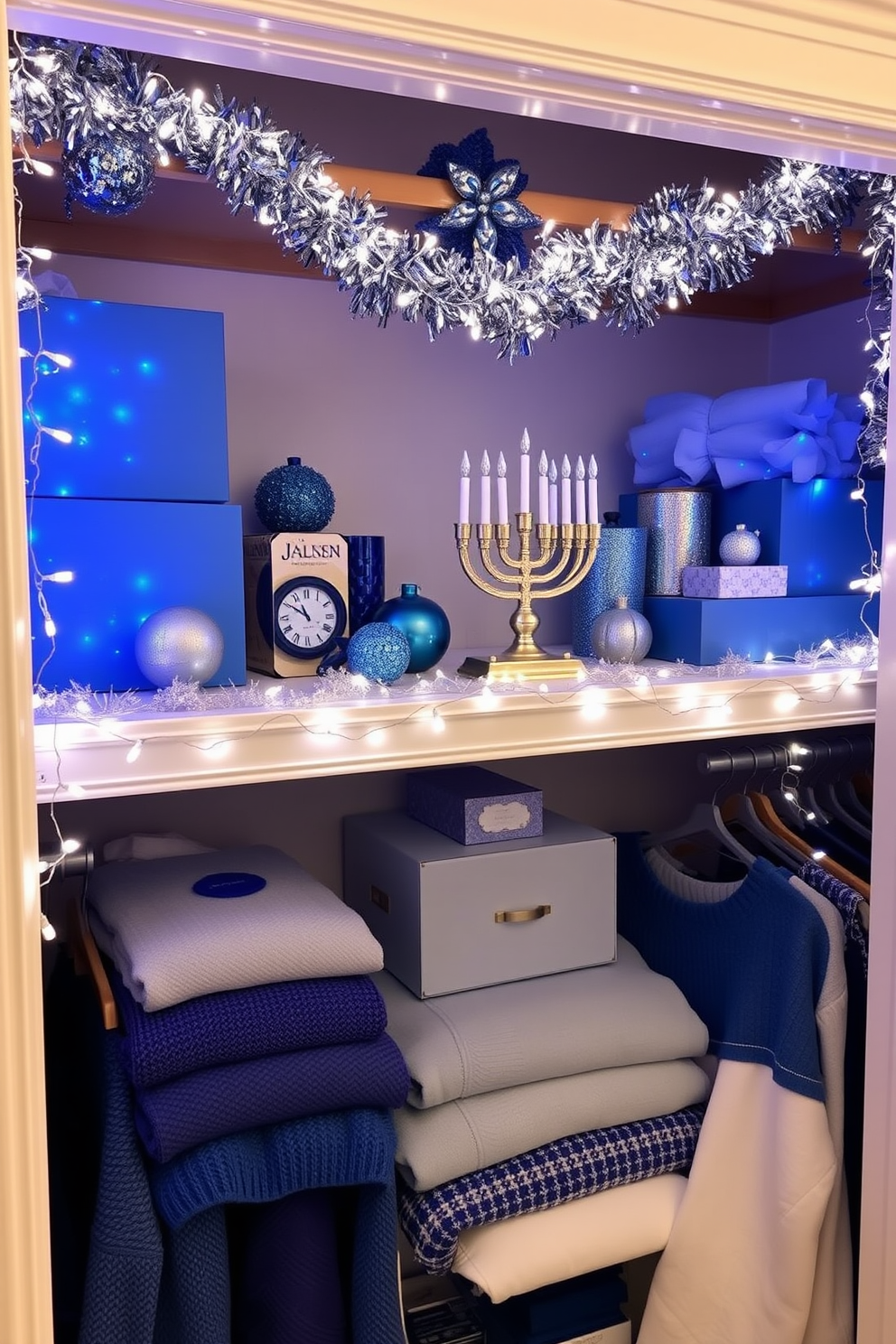 A beautifully designed closet featuring creative Hanukkah-themed lighting displays. The shelves are adorned with blue and silver decorations, and twinkling fairy lights illuminate the space, creating a festive atmosphere. The closet is organized with neatly folded sweaters and decorative boxes, all in shades of blue and white. A menorah sits on the top shelf, surrounded by shimmering garlands and small ornaments that reflect the spirit of the holiday.