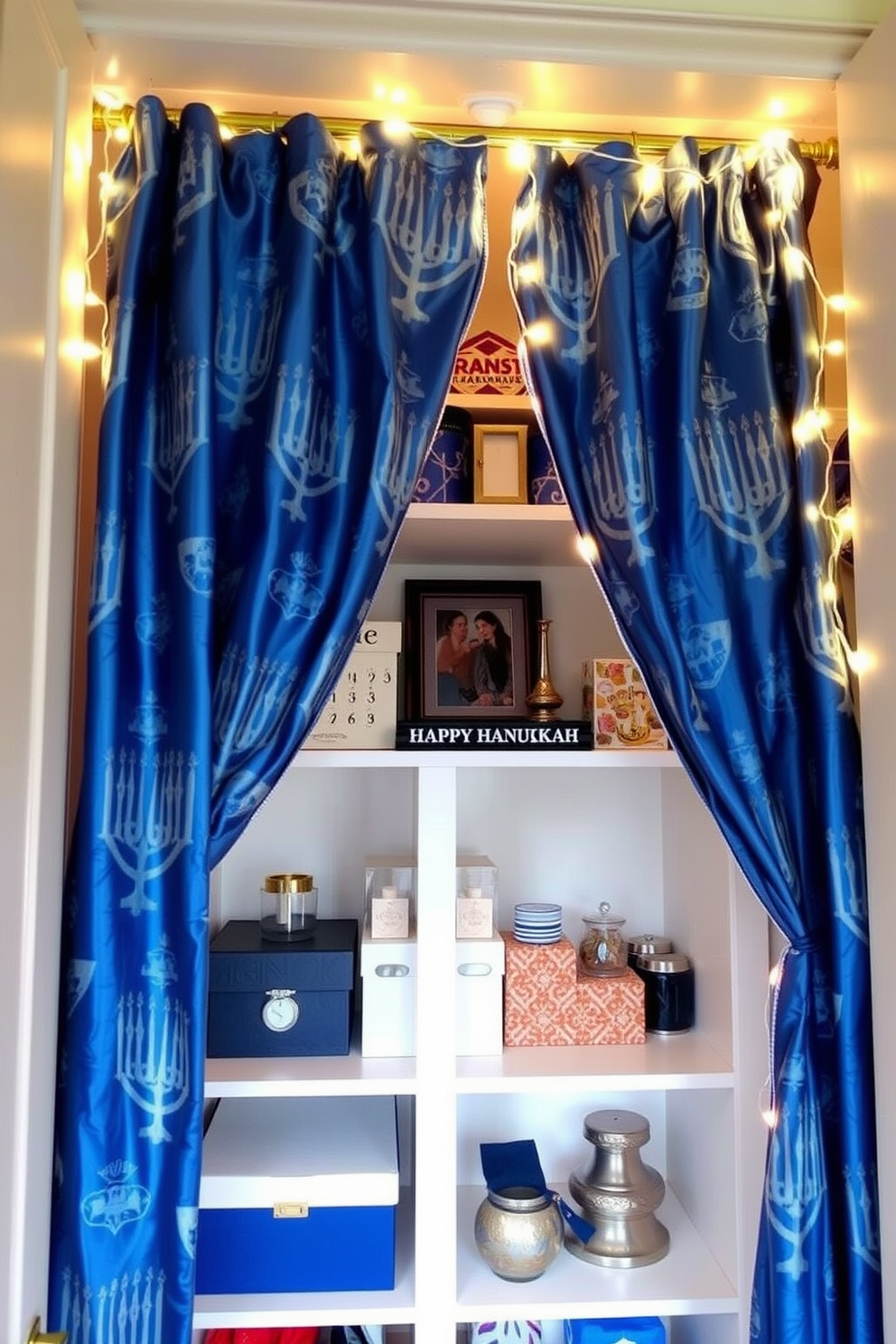 A cozy closet adorned with Hanukkah-themed fabric curtains. The curtains feature vibrant blue and silver patterns, showcasing menorahs and dreidels, creating a festive atmosphere. Inside the closet, shelves are neatly organized with decorative boxes and holiday-themed accessories. Soft white string lights are draped along the top shelf, adding a warm glow to the Hanukkah decorations.