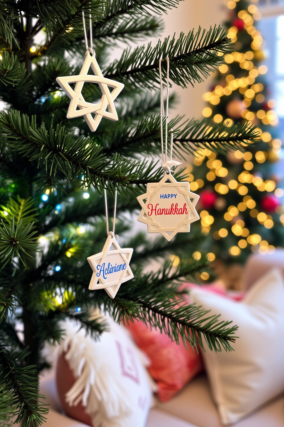 Personalized Hanukkah ornaments are delicately hanging from the branches of a beautifully decorated evergreen tree. The ornaments feature unique designs and names, adding a personal touch to the festive display. In the background, twinkling lights illuminate the room, creating a warm and inviting atmosphere. A cozy seating area with plush cushions is arranged nearby, perfect for enjoying holiday treats and family gatherings.