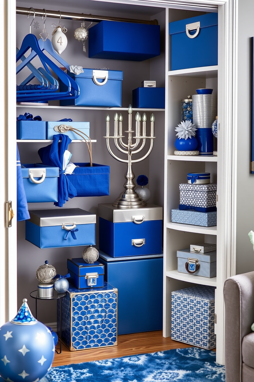 A stunning collection of blue and silver closet accessories is displayed elegantly. The accessories include hangers, storage bins, and decorative boxes that complement each other beautifully. For Hanukkah decorating ideas, envision a cozy living space adorned with blue and silver accents. Incorporate traditional elements like menorahs and dreidels alongside modern decor to create a festive atmosphere.