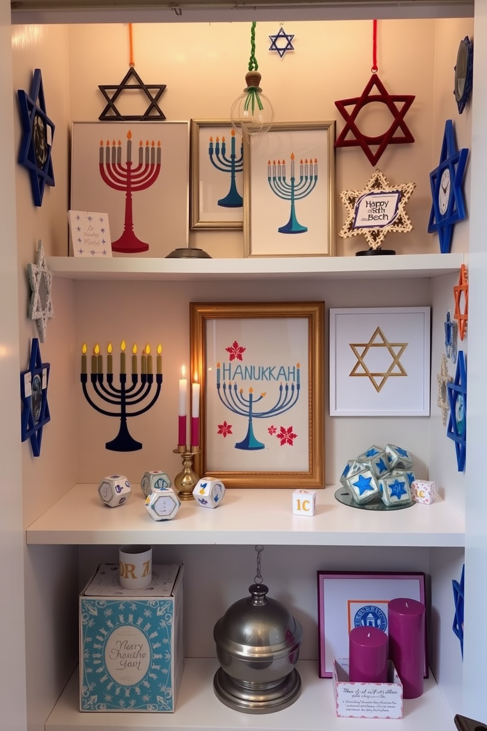 Charming Hanukkah artwork is beautifully arranged within a cozy closet space. The walls are adorned with a mix of colorful menorahs and Star of David decorations, creating a festive atmosphere. Soft lighting illuminates the artwork, highlighting the intricate details and vibrant colors. Shelves are neatly organized with holiday-themed decorations, including dreidels and candles, enhancing the overall charm of the display.