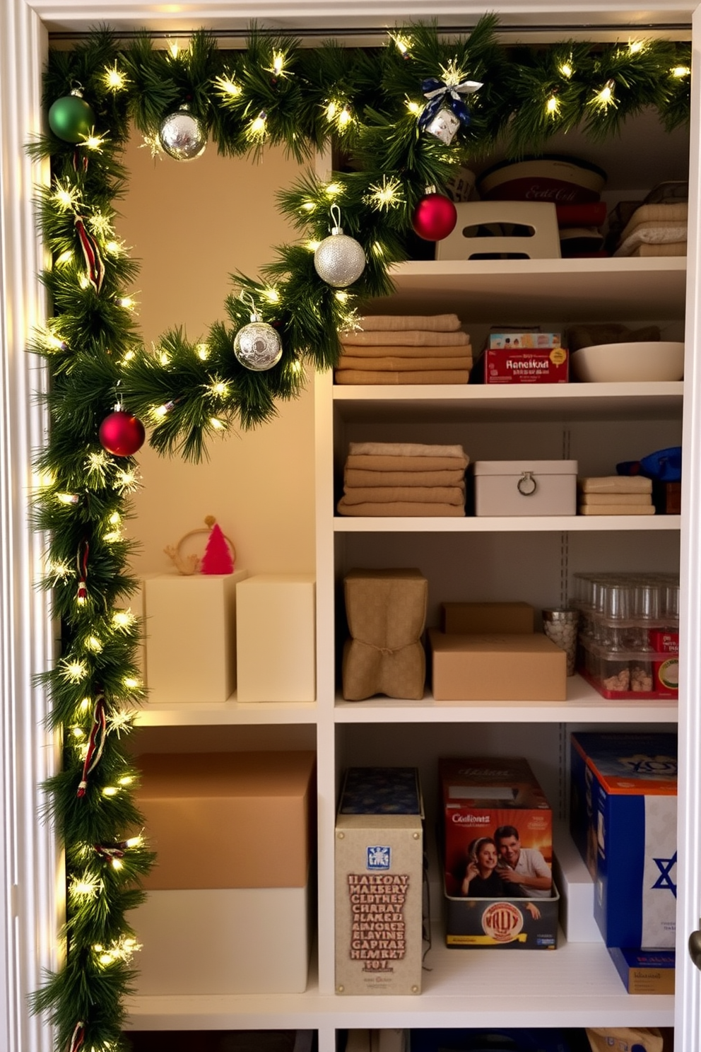 A festive garland drapes elegantly along the closet shelves, adorned with shimmering ornaments and twinkling lights. The shelves are filled with neatly organized holiday decorations, creating a warm and inviting atmosphere for Hanukkah celebrations.