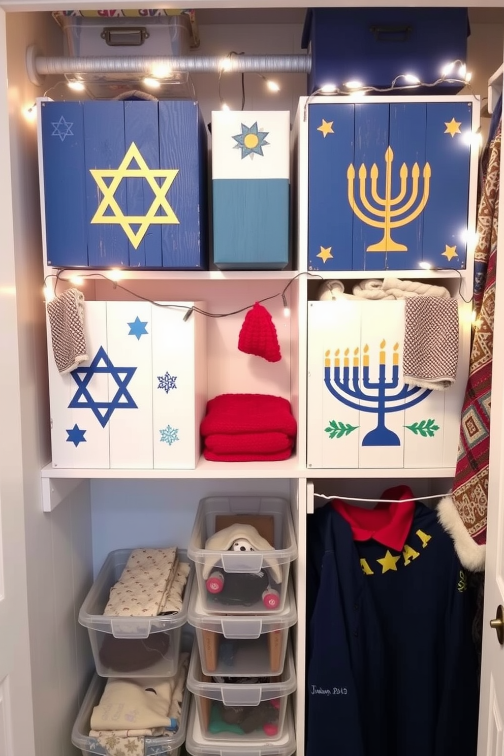 A cozy and festive DIY Hanukkah-themed closet organizer. The organizers are crafted from wood and painted in blue and white, adorned with Star of David designs and menorah motifs. Incorporate decorative elements such as string lights and festive fabric to enhance the holiday spirit. Use clear bins for easy visibility of items, ensuring a functional yet stylish storage solution.