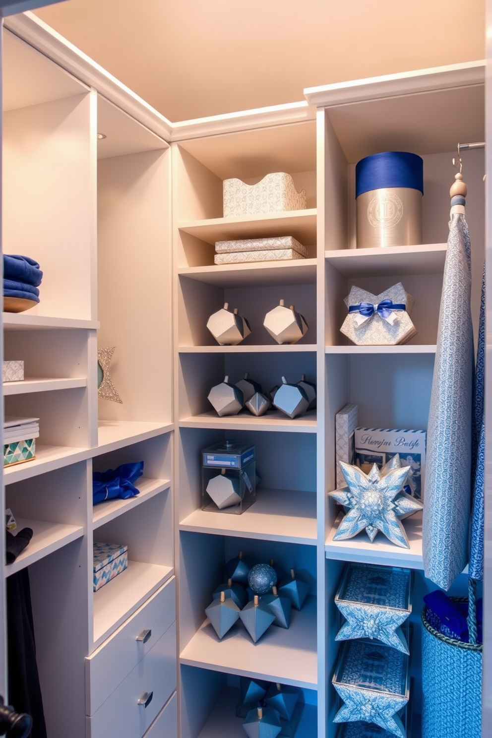 A creative closet design featuring innovative storage solutions for dreidels. The space includes custom shelving and compartments that showcase the dreidels while maintaining a festive Hanukkah theme. Decorative elements like blue and silver accents enhance the holiday spirit. Soft lighting and elegant wrapping for the dreidels create an inviting atmosphere in the closet.