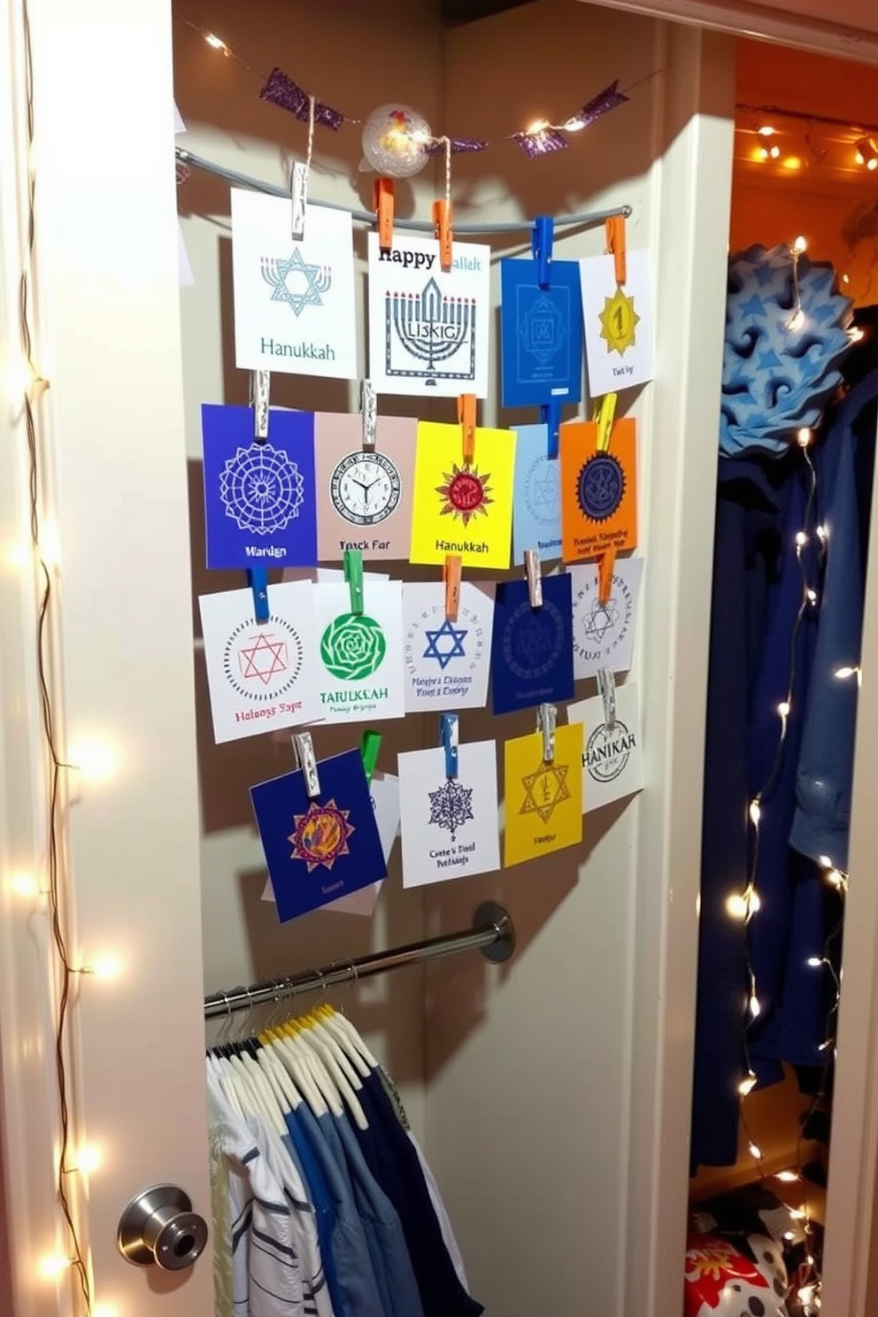 A festive Hanukkah card display is arranged on the closet door. Colorful cards featuring traditional symbols and messages are clipped with decorative clothespins. The closet is adorned with blue and silver accents to enhance the holiday spirit. Twinkling string lights are draped around the edges, creating a warm and inviting atmosphere.