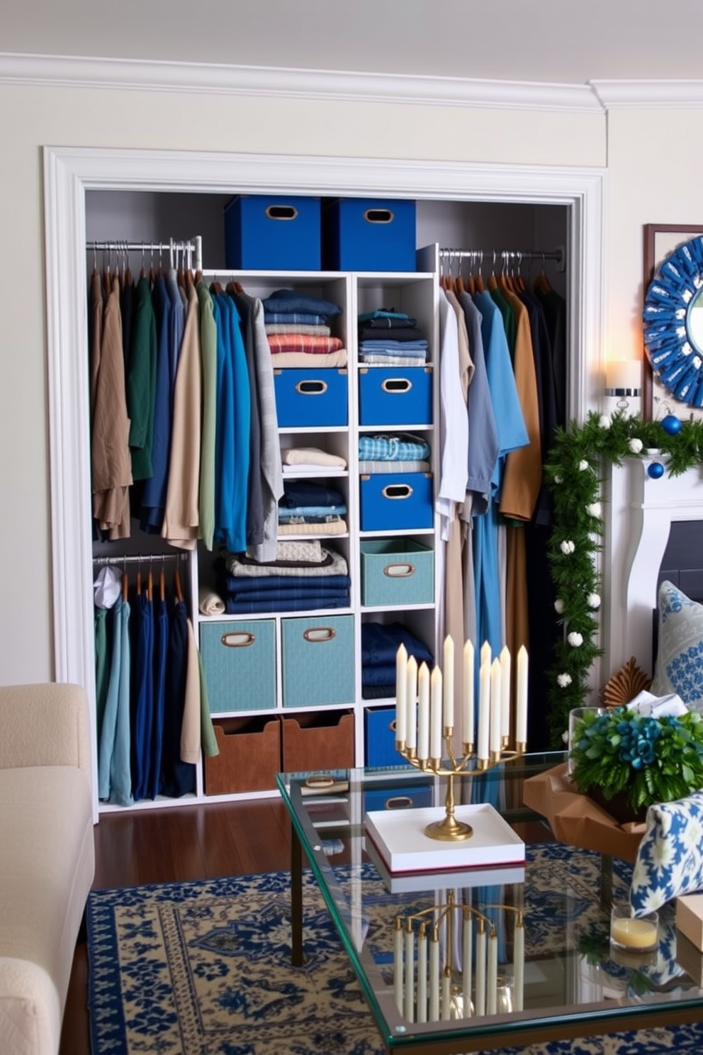 Seasonal clothing organized by color scheme. The closet features neatly arranged garments in shades of blue, green, and earth tones, with accessories displayed in coordinated bins. Hanukkah decorating ideas. The living room is adorned with a beautiful blue and white color palette, featuring a menorah on the coffee table, and festive garlands draped along the mantel.