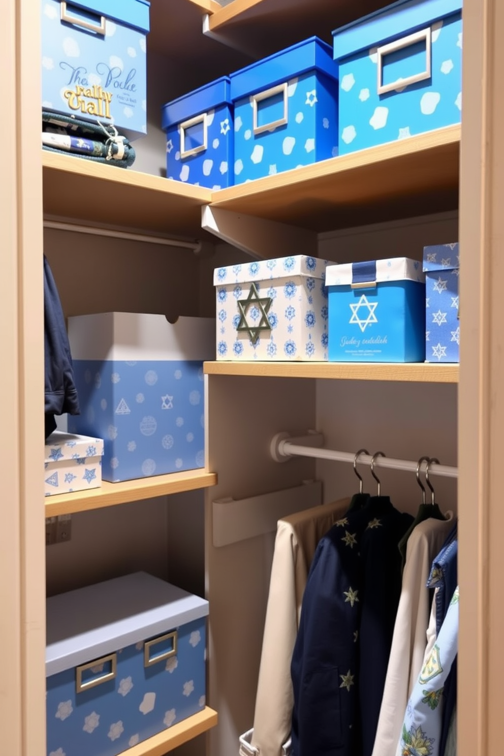 A stylish closet featuring decorative blue and white storage boxes neatly arranged on shelves. The boxes add a pop of color and organization, creating an inviting space perfect for Hanukkah decorating ideas.