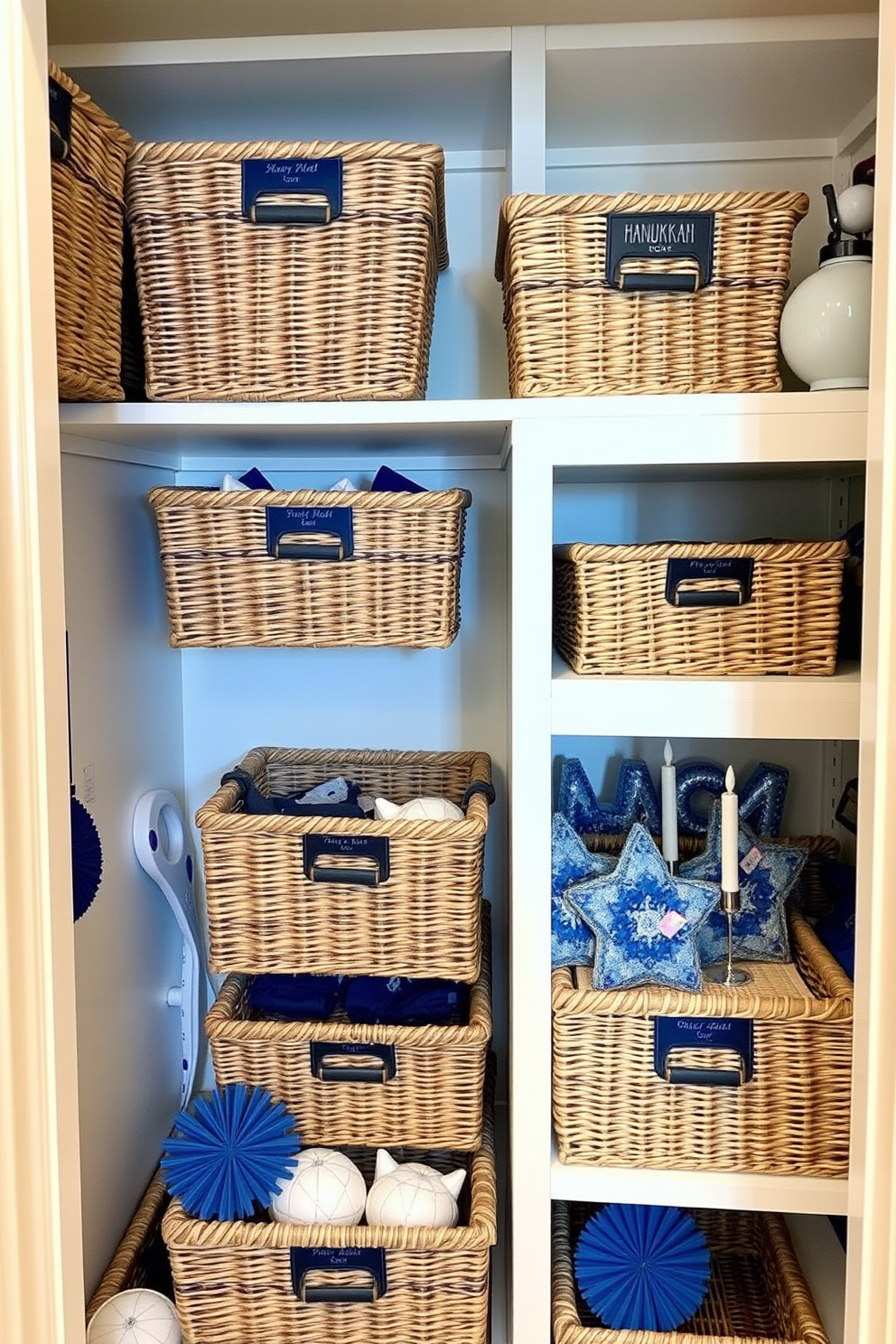 A cozy closet space adorned with decorative baskets for festive storage. The baskets are woven in natural fibers and feature vibrant colors, perfect for organizing holiday decorations. The closet is illuminated with soft lighting, enhancing the festive atmosphere. Hanukkah decorations, including blue and white accents, are neatly arranged alongside the baskets, creating a harmonious and inviting display.