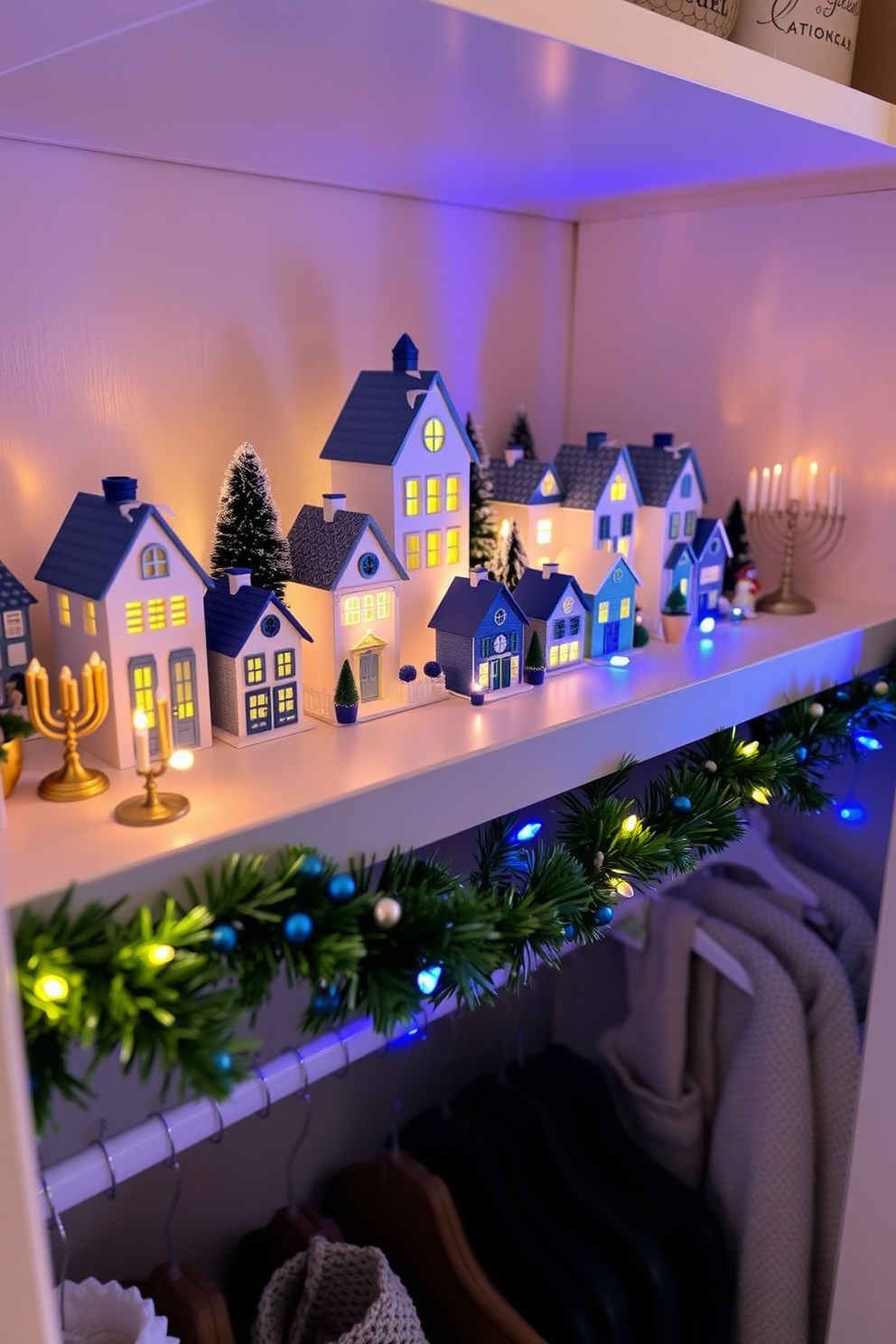 A charming miniature Hanukkah village is displayed on a closet shelf, featuring tiny houses adorned with blue and white decorations. Each house is illuminated with warm lights, creating a festive atmosphere that captures the spirit of the holiday. The shelf is lined with decorative dreidels and menorahs, adding to the overall theme of the display. Soft garlands of greenery are intertwined with the village, enhancing the cozy and inviting look of the closet space.