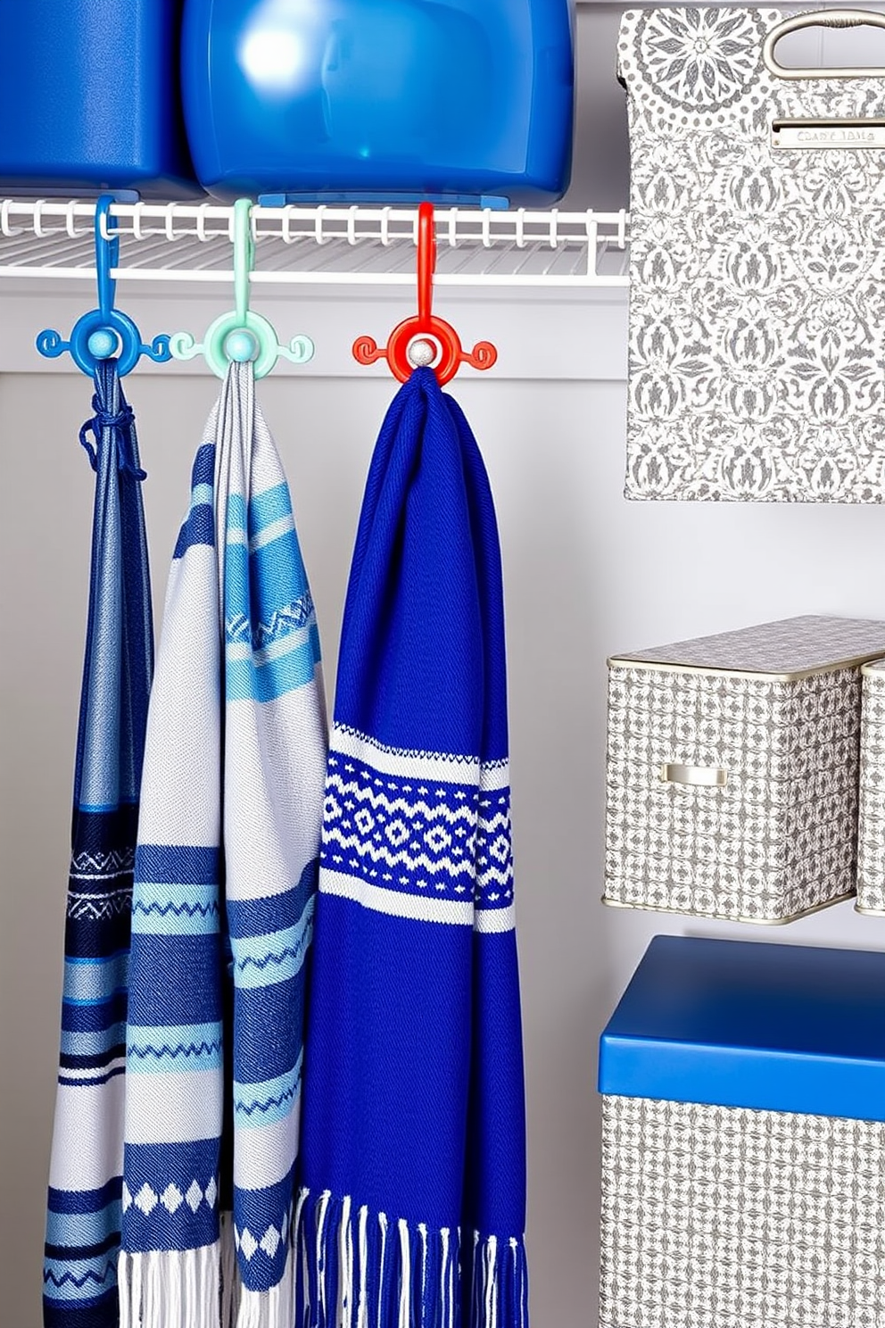 Stylish closet hooks for Hanukkah scarves. These hooks are designed with festive colors and patterns, providing a cheerful way to display your collection. Closet Hanukkah decorating ideas. Incorporate elements like blue and silver accents, along with decorative storage boxes to keep your space organized and festive.