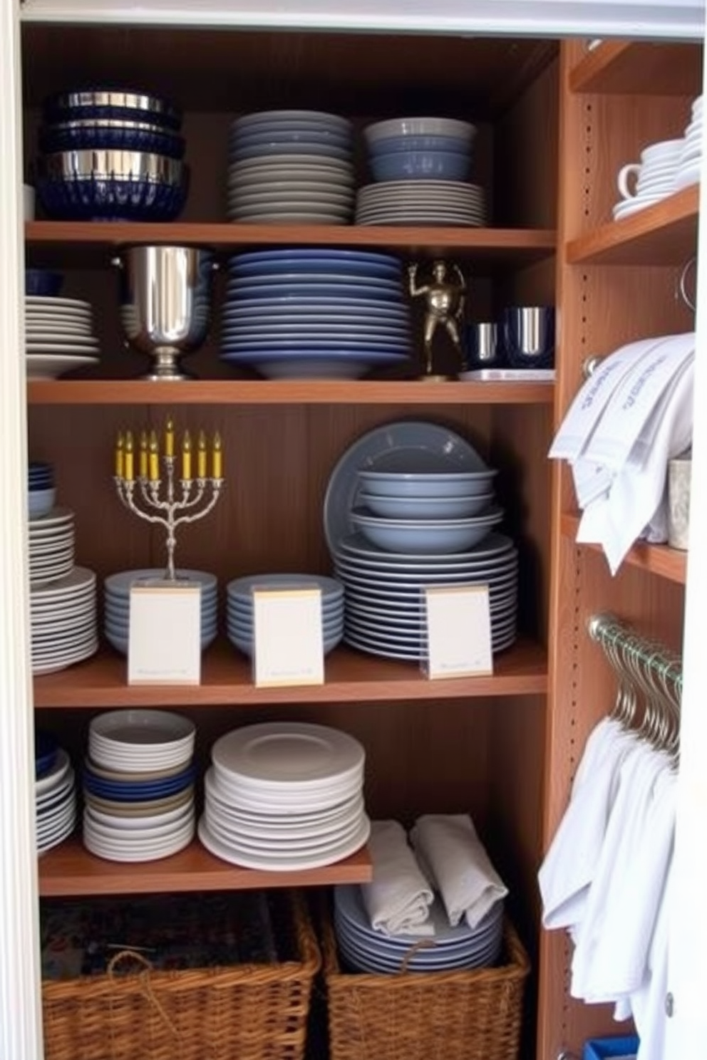 A cozy closet filled with seasonal tableware for Hanukkah celebrations. The shelves are neatly organized with blue and silver dishes, decorative menorahs, and elegant napkins ready for festive gatherings.