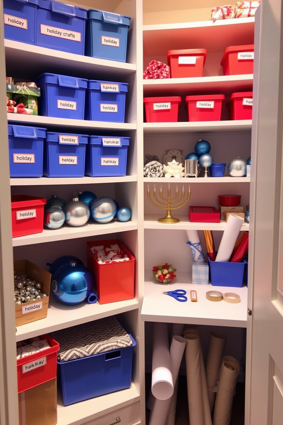 A beautifully organized closet dedicated to holiday crafts. Shelves are filled with colorful bins labeled for each holiday, and a section is devoted to Hanukkah decorations, including blue and silver ornaments and menorahs. A workspace is integrated into the closet design, featuring a small table with wrapping paper, scissors, and tape neatly arranged. Soft lighting illuminates the area, creating a warm and inviting atmosphere for crafting festive decorations.