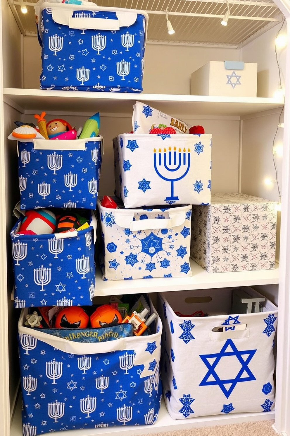 Hanukkah-themed fabric bins for toys are designed with vibrant blue and white patterns featuring menorahs and dreidels. These bins are perfect for organizing children's toys while adding a festive touch to the room. For closet Hanukkah decorating ideas, consider using string lights in blue and white to illuminate the space. Incorporate decorative boxes adorned with Star of David motifs to store holiday items stylishly.