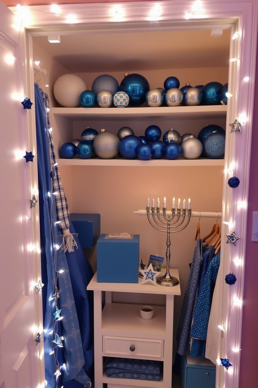 A cozy closet adorned with color-coordinated Hanukkah decorations. The shelves are filled with neatly arranged blue and silver ornaments, while a menorah sits prominently on a small table inside the closet. Delicate garlands of stars and dreidels hang from the closet rods, adding a festive touch. Soft white lights twinkle around the edges, creating a warm and inviting atmosphere for the holiday season.