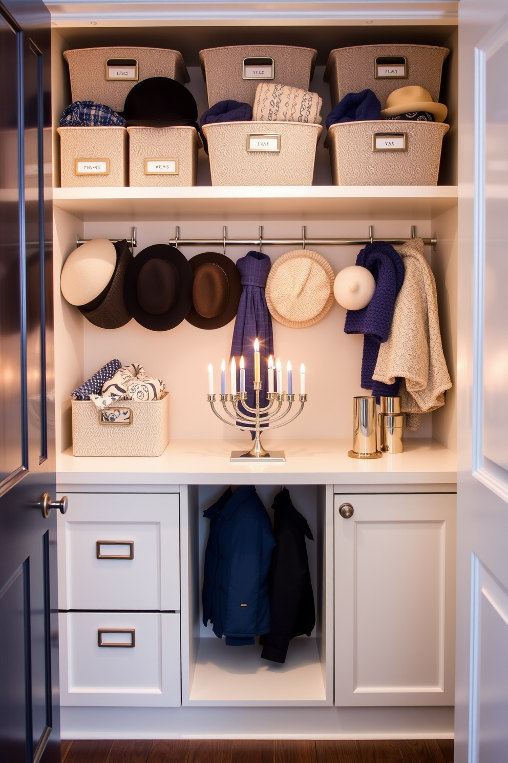 A stylish storage solution for seasonal hats and gloves. The closet features built-in shelves with labeled bins for easy organization and a dedicated space for hanging items. Festive Hanukkah decorating ideas for a warm and inviting atmosphere. Incorporate blue and silver accents, along with a beautifully lit menorah as the centerpiece.