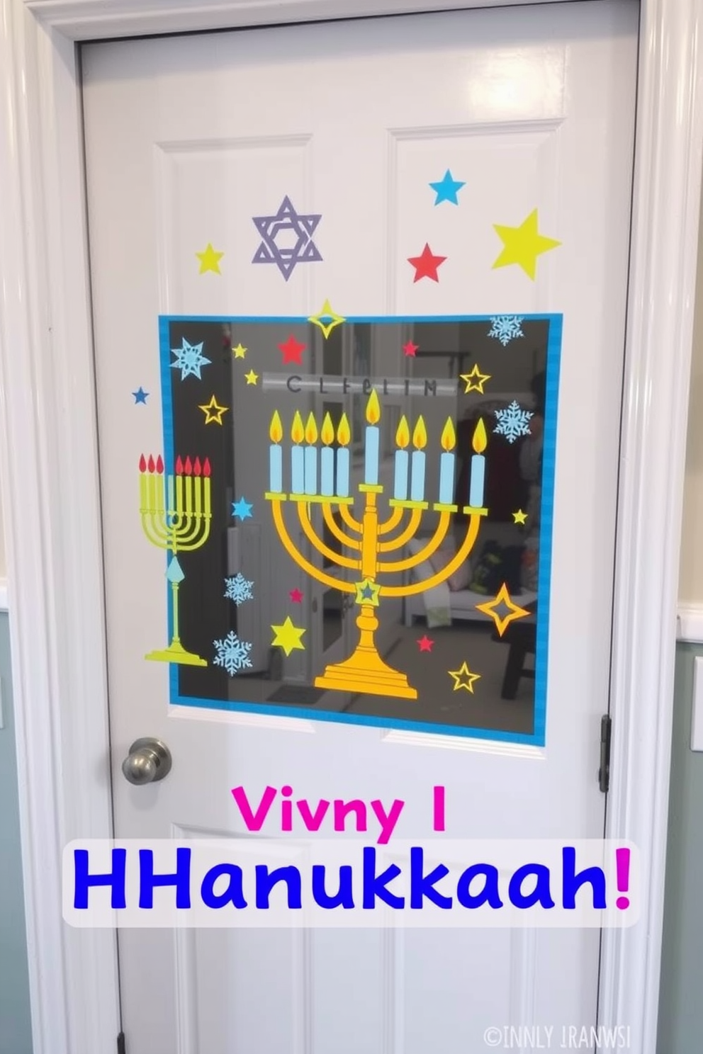 A festive closet door adorned with vibrant vinyl decals showcasing Hanukkah symbols. The door features a playful design with stars and menorahs, creating a cheerful atmosphere for the holiday season.