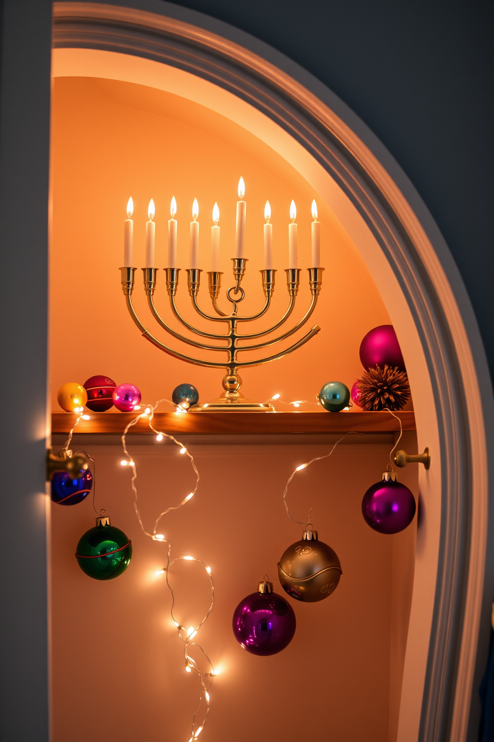 A festive menorah sits elegantly on a wooden closet shelf adorned with colorful decorations. Surrounding the menorah are twinkling string lights and vibrant ornaments that capture the spirit of Hanukkah.