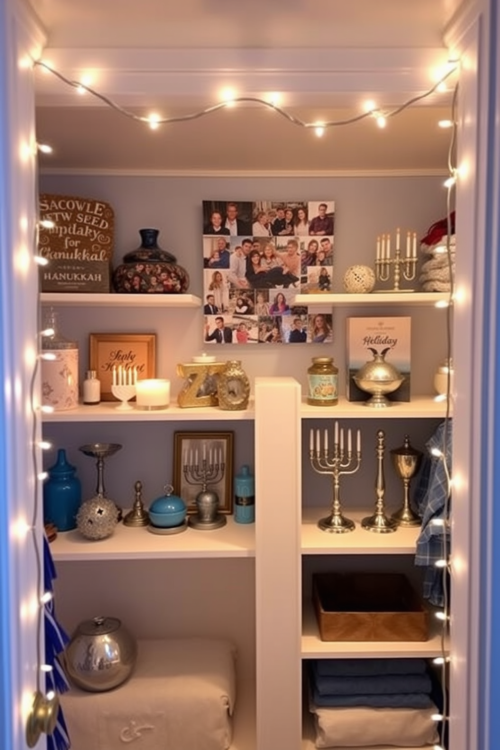 A cozy closet space decorated for Hanukkah. The walls are adorned with a vibrant photo collage showcasing family memories from past celebrations, framed by twinkling string lights. Shelves are filled with festive items like menorahs and dreidels, adding a touch of holiday spirit. Soft blue and silver accents enhance the warm atmosphere, creating a welcoming space for holiday preparations.