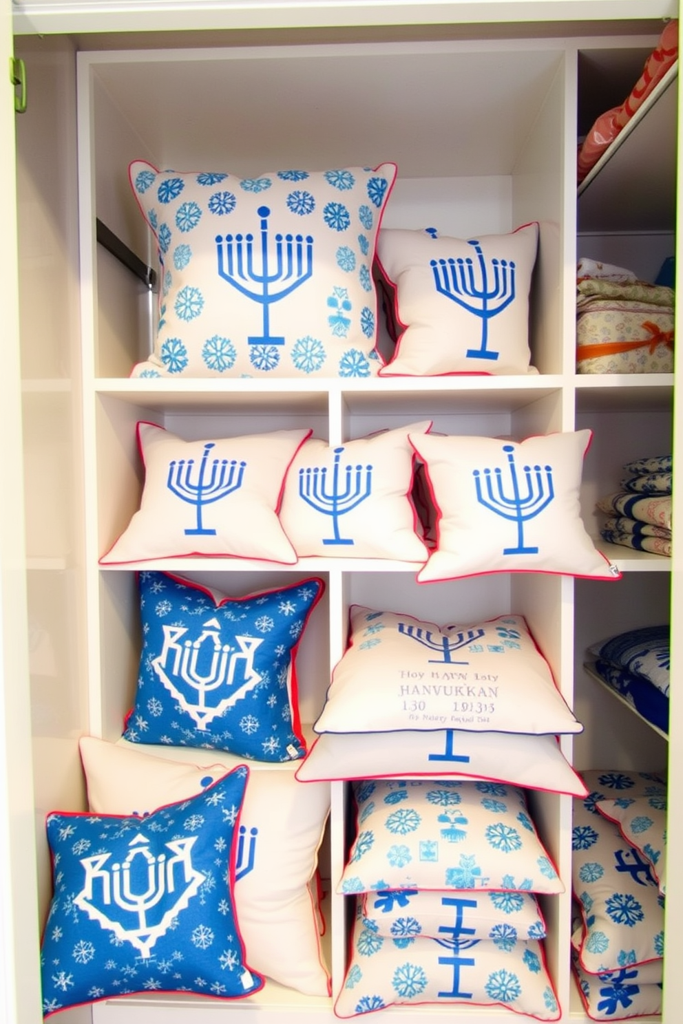 Hanukkah-themed throw pillows are neatly arranged in a spacious closet. The pillows feature vibrant blue and white patterns, with designs of menorahs and dreidels, adding a festive touch to the storage space. The closet is well-organized, with shelves displaying additional holiday decorations. Soft lighting enhances the cheerful atmosphere, making it a perfect spot for seasonal decor ideas.