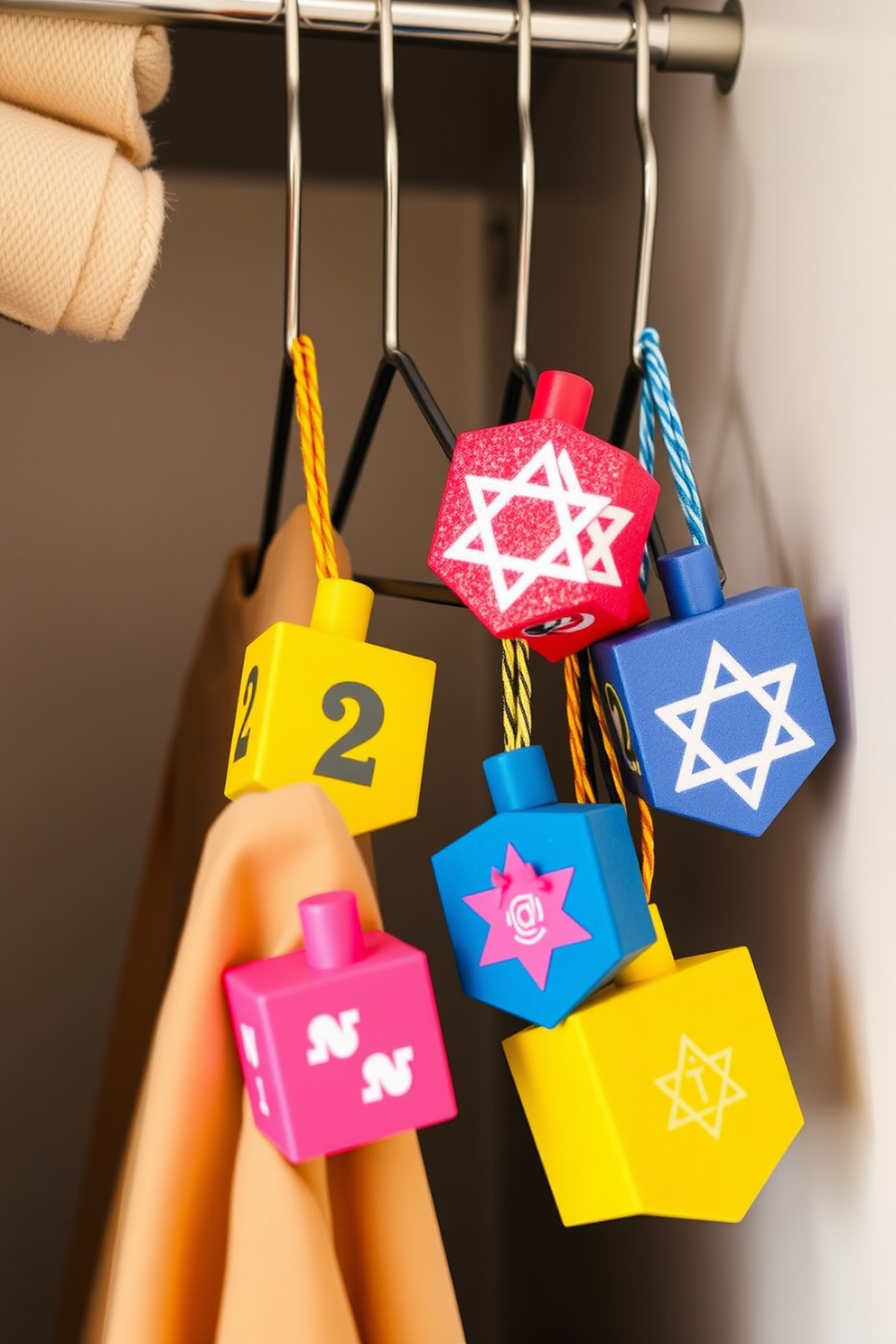 Colorful dreidel decorations hang from stylish hangers, adding a festive touch to the closet space. The vibrant colors of the dreidels contrast beautifully with the neutral tones of the closet, creating a cheerful and inviting atmosphere for Hanukkah celebrations.