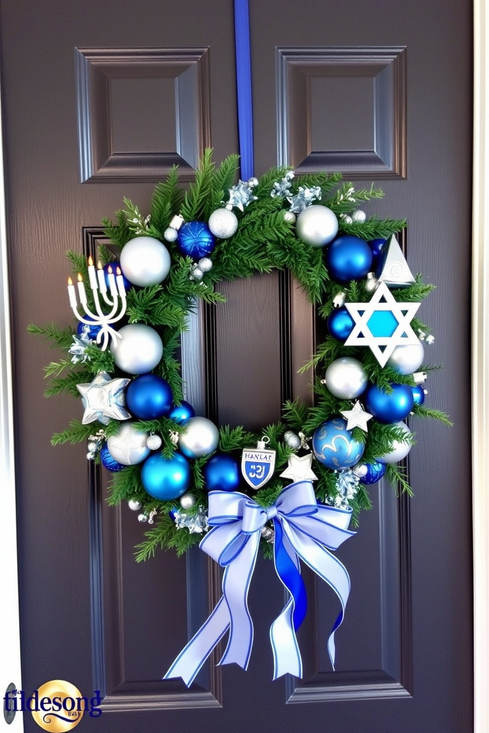 Create a beautiful wreath for a closet door that incorporates traditional Hanukkah symbols such as the menorah, dreidel, and Star of David. Use a combination of blue and silver ornaments, along with fresh greenery, to create a festive and elegant look. Consider adding ribbons in shades of blue and white to enhance the design and create a cohesive theme. This wreath will serve as a charming decoration that brings the spirit of Hanukkah into your home.