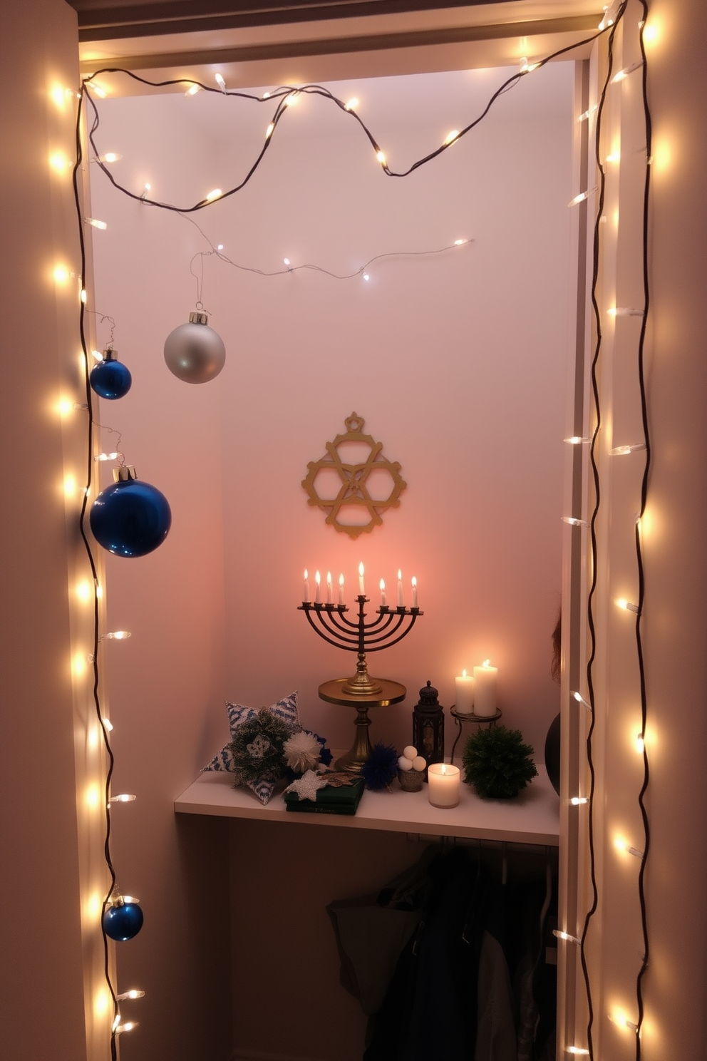 A cozy closet adorned with string lights draped around the edges creates a warm and inviting atmosphere. The soft glow of the lights enhances the festive spirit, making it a perfect space for Hanukkah celebrations. Decorative elements such as blue and silver ornaments hang alongside the lights, adding a touch of elegance. A small menorah sits on a shelf, surrounded by candles and seasonal decorations to complete the festive look.