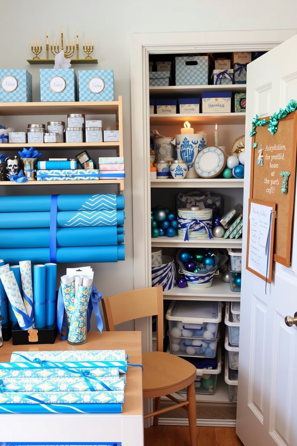 A beautifully organized gift wrapping station for Hanukkah. The station features a large table with neatly arranged rolls of colorful wrapping paper and ribbons in various shades of blue and silver. On the wall above the table, shelves hold decorative boxes filled with gift tags and scissors. A cozy corner with a small chair provides a space for wrapping gifts, adorned with festive Hanukkah decorations. A closet filled with Hanukkah decorating ideas. Inside, shelves display an array of menorahs and dreidels, while a section is dedicated to vibrant blue and white table linens. The closet also contains bins with ornaments and festive lights, all carefully labeled for easy access. A small bulletin board hangs on the door, showcasing inspiration for holiday crafts and decorations.