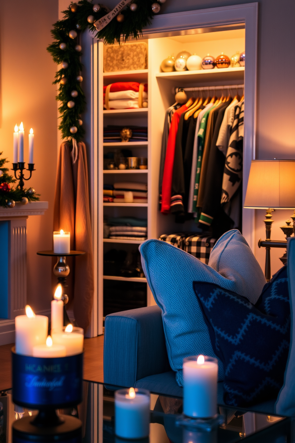 A cozy living space adorned with seasonal scents from Hanukkah candles. The soft glow of the candles creates a warm ambiance, complemented by decorative elements that reflect the spirit of the holiday. A stylish closet featuring Hanukkah-themed decorations. Shelves are lined with festive ornaments and vibrant textiles, creating an inviting atmosphere that celebrates the season.