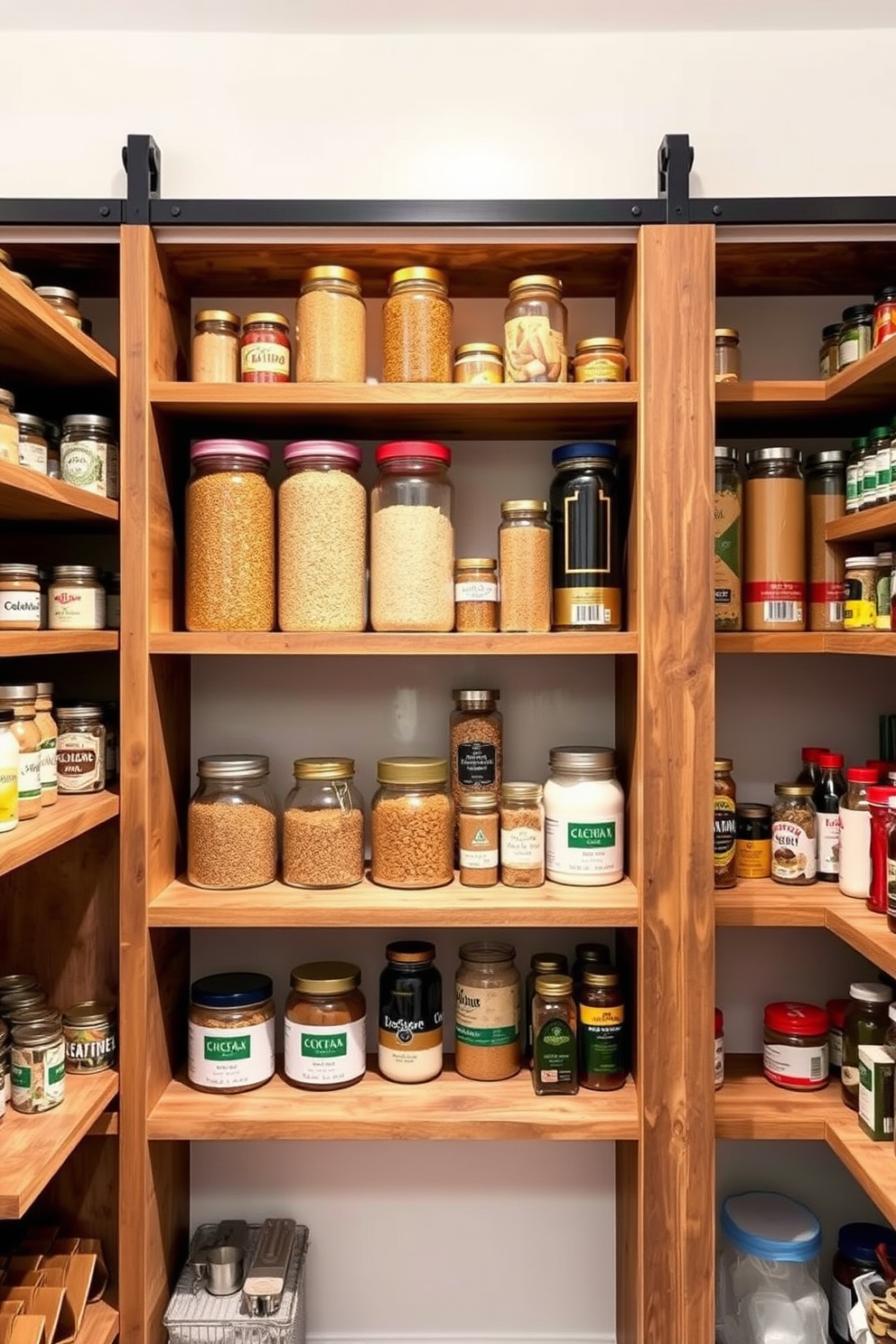 Open shelving design for a closet pantry. The shelves are made of reclaimed wood and are filled with neatly organized jars of grains, spices, and canned goods. The pantry features a sliding barn door for a rustic touch. Soft, warm lighting illuminates the space, creating an inviting atmosphere.