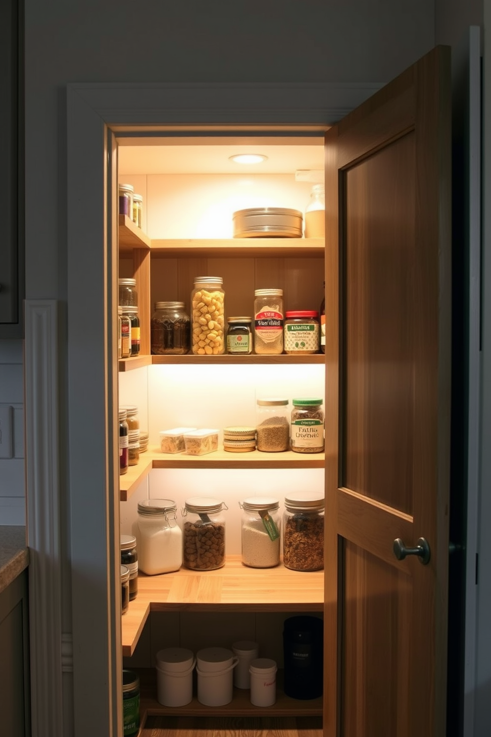 A cozy closet pantry with corner shelves maximizes storage in a small kitchen. The shelves are crafted from natural wood, displaying neatly organized jars and containers for easy access. The pantry features a sliding door that opens to reveal a well-lit space. Soft LED lighting highlights the contents, creating an inviting atmosphere for meal preparation.