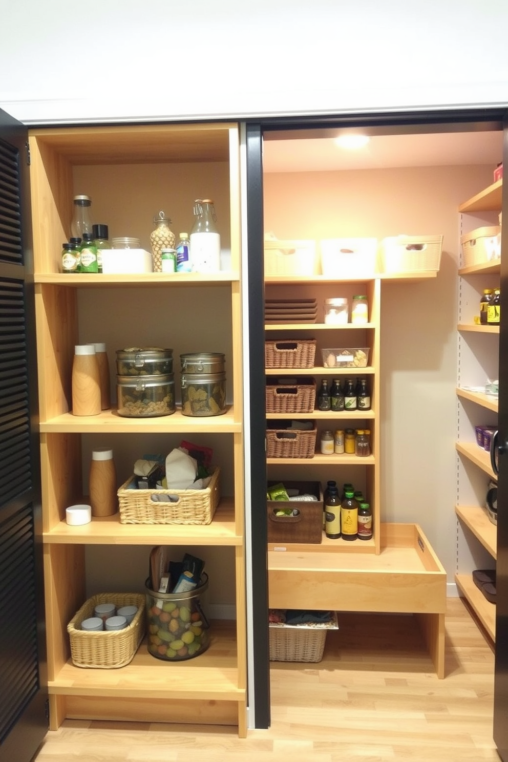 A tiered shelving unit is designed to maximize space while displaying small items attractively. The shelves are made of light wood with a natural finish, and decorative baskets are used for organization. The closet pantry features a combination of open and closed storage solutions. Shelving is adjustable, and the design incorporates pull-out drawers for easy access to frequently used ingredients.