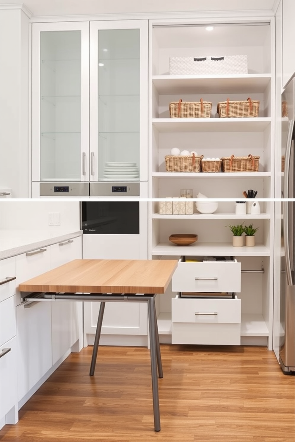 A modern kitchen featuring foldable tables that can be easily extended for extra workspace. The tables are made of sleek wood with metal legs, and they blend seamlessly into the kitchen's minimalist design. A stylish closet pantry designed with open shelving and pull-out drawers for easy access. The pantry is painted in a soft white color, with decorative baskets for organization and a small countertop for meal prep.