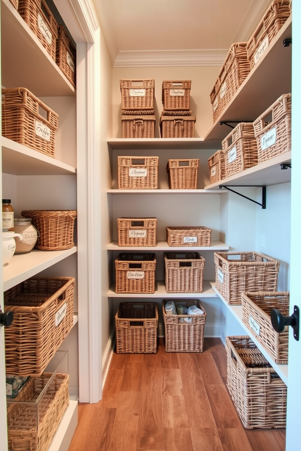 A cozy closet pantry featuring decorative baskets for stylish storage. The walls are painted in a soft cream color, and the shelves are lined with woven baskets in various sizes, creating an organized and inviting space. Each basket is labeled with elegant typography, adding a touch of sophistication. The pantry floor is adorned with a rustic wooden finish, enhancing the overall warmth of the design.