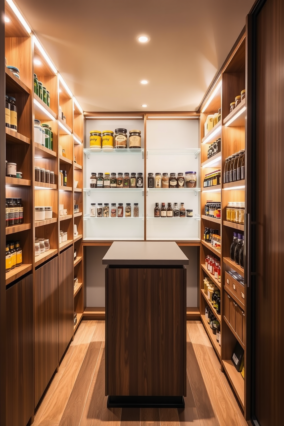 A sleek and modern closet pantry with magnetic strips for spice organization. The walls are lined with open shelving, showcasing neatly arranged jars and containers, while the magnetic strips hold spice jars for easy access and a clean look. The pantry features a warm wood finish with bright LED lighting illuminating the space. A small island in the center provides additional storage and workspace, enhancing both functionality and style.