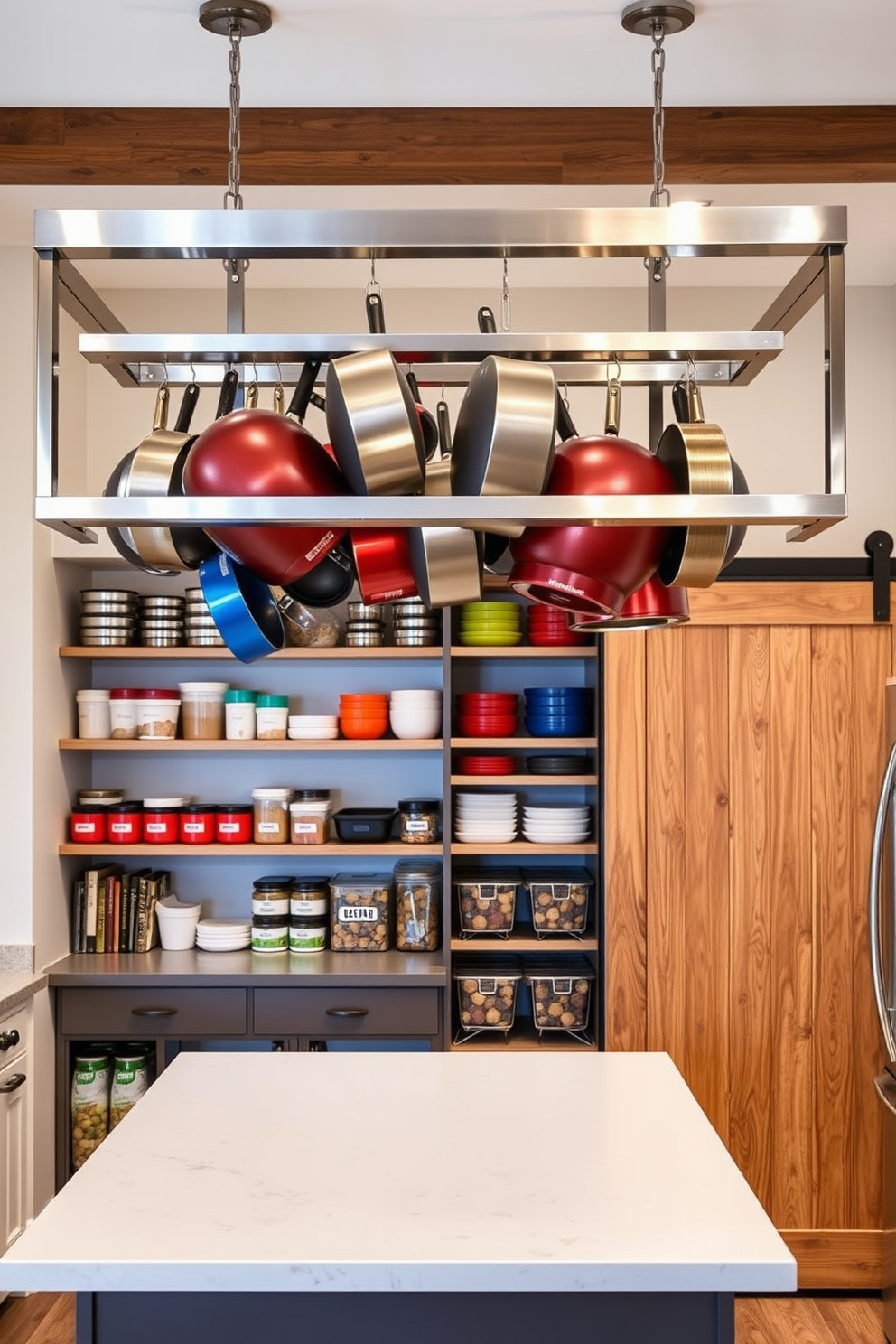 Hanging racks for pots and pans create a functional and stylish kitchen space. The racks are made of brushed stainless steel and are suspended from the ceiling above a central island, showcasing an array of colorful cookware. Closet pantry design ideas focus on maximizing storage while maintaining a clean aesthetic. Shelving is organized with labeled containers, and a sliding barn door adds a rustic charm to the overall design.