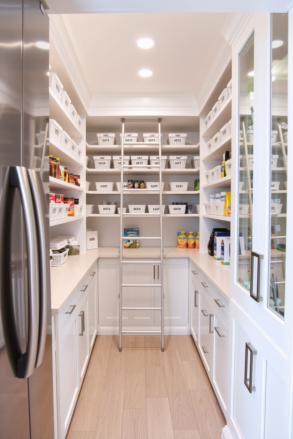 A functional closet pantry with overhead storage designed for seldom-used items. The shelves are organized with labeled bins, and the walls are painted in a soft white to create a bright and airy feel. Incorporate a pull-down ladder for easy access to the upper shelves. The flooring features light wood tiles that complement the modern cabinetry and enhance the overall aesthetic.