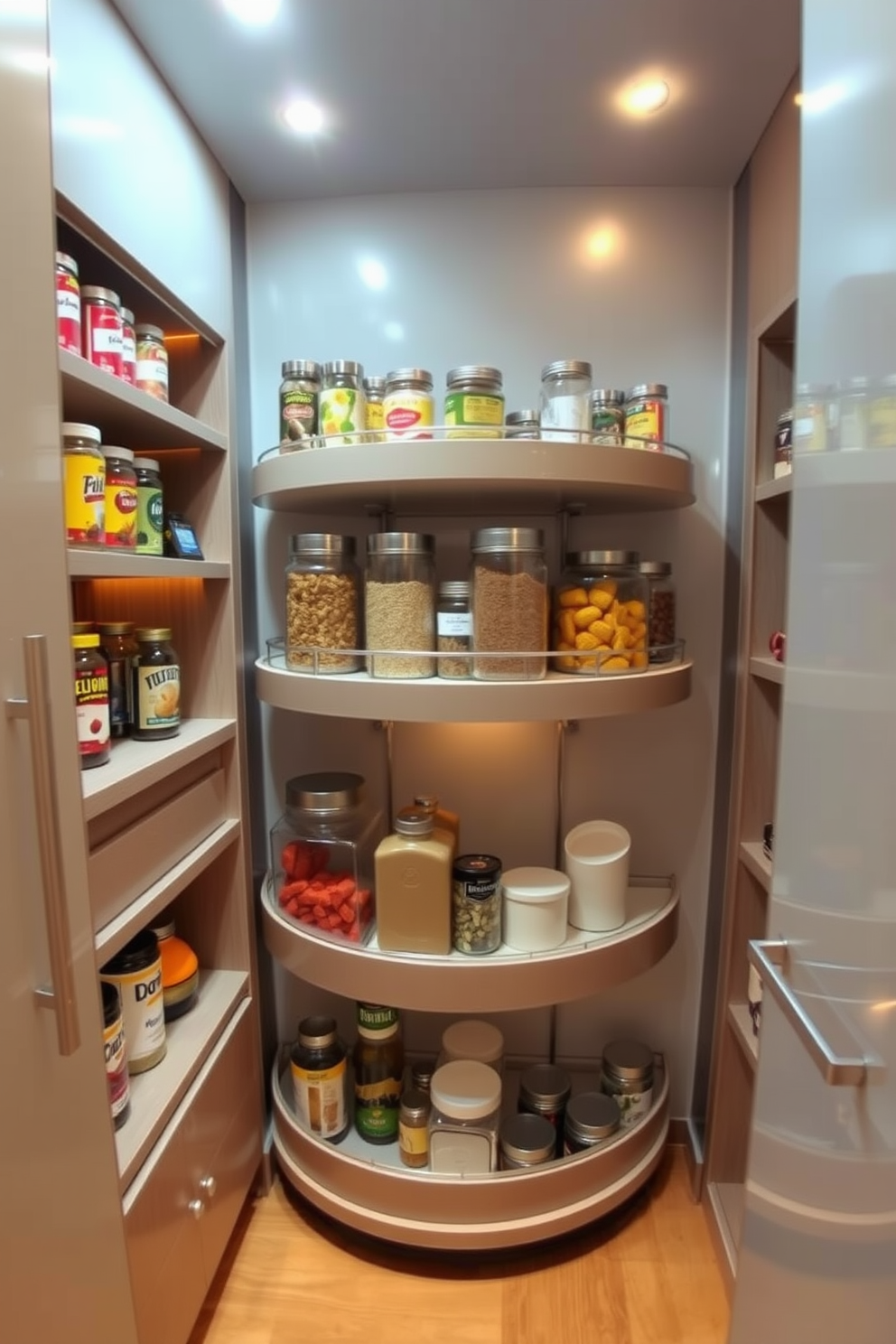 A modern closet pantry featuring rotating shelves for easy access. The shelves are crafted from sleek wood with a glossy finish, allowing for efficient organization of canned goods and dry ingredients. The pantry is illuminated with warm LED lighting, enhancing visibility while maintaining a cozy atmosphere. Glass jars filled with colorful spices and snacks are neatly arranged on the rotating shelves, adding a touch of style to functionality.