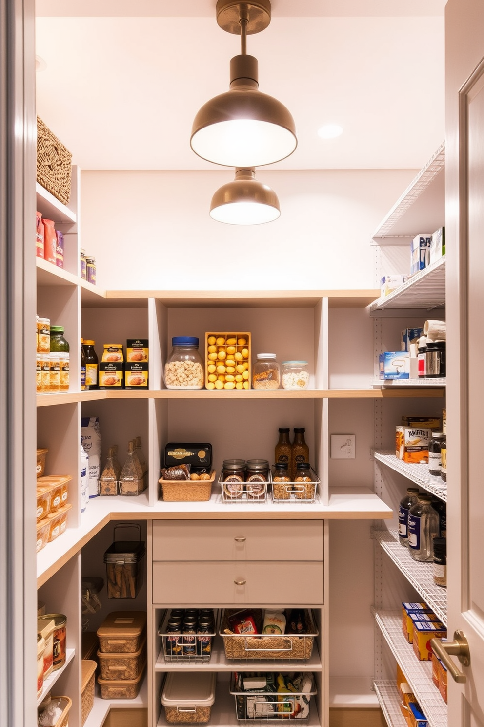 A well-designed pantry space features modern lighting fixtures that illuminate the shelves and food items. The warm glow from pendant lights creates an inviting atmosphere while enhancing the functionality of the area. Incorporating a closet pantry design allows for efficient storage solutions with adjustable shelving and organized compartments. This design maximizes space and keeps kitchen essentials easily accessible while maintaining a clean aesthetic.