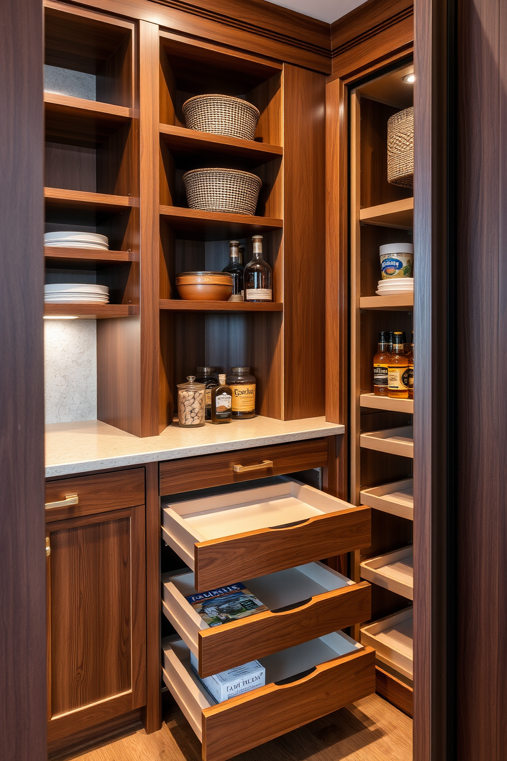 Custom cabinetry for personalized design. The cabinetry features a mix of open shelves and closed storage, crafted from rich walnut wood with a satin finish. Closet pantry design ideas. The space includes a combination of pull-out drawers and adjustable shelving, allowing for optimal organization and easy access to all pantry items.